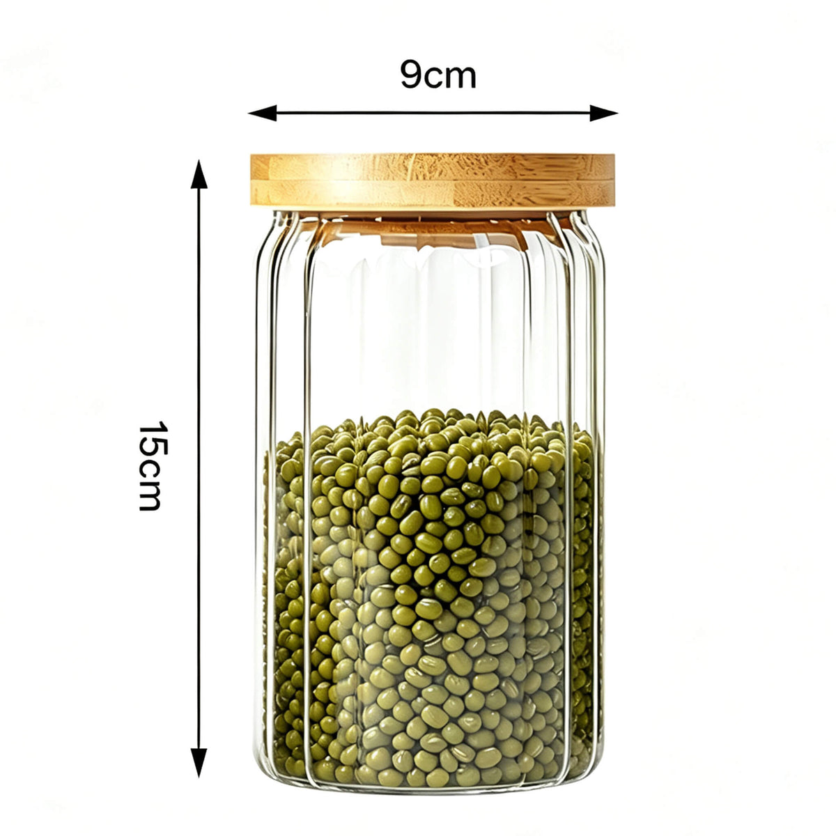 Three sizes of ribbed glass jars with bamboo lids labeled 400ml, 600ml, and 900ml with height and diameter dimensions.