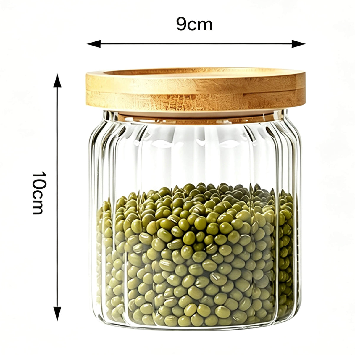 400ml ribbed glass jar with bamboo lid filled with green mung beans showing 10cm height and 9cm width dimensions.