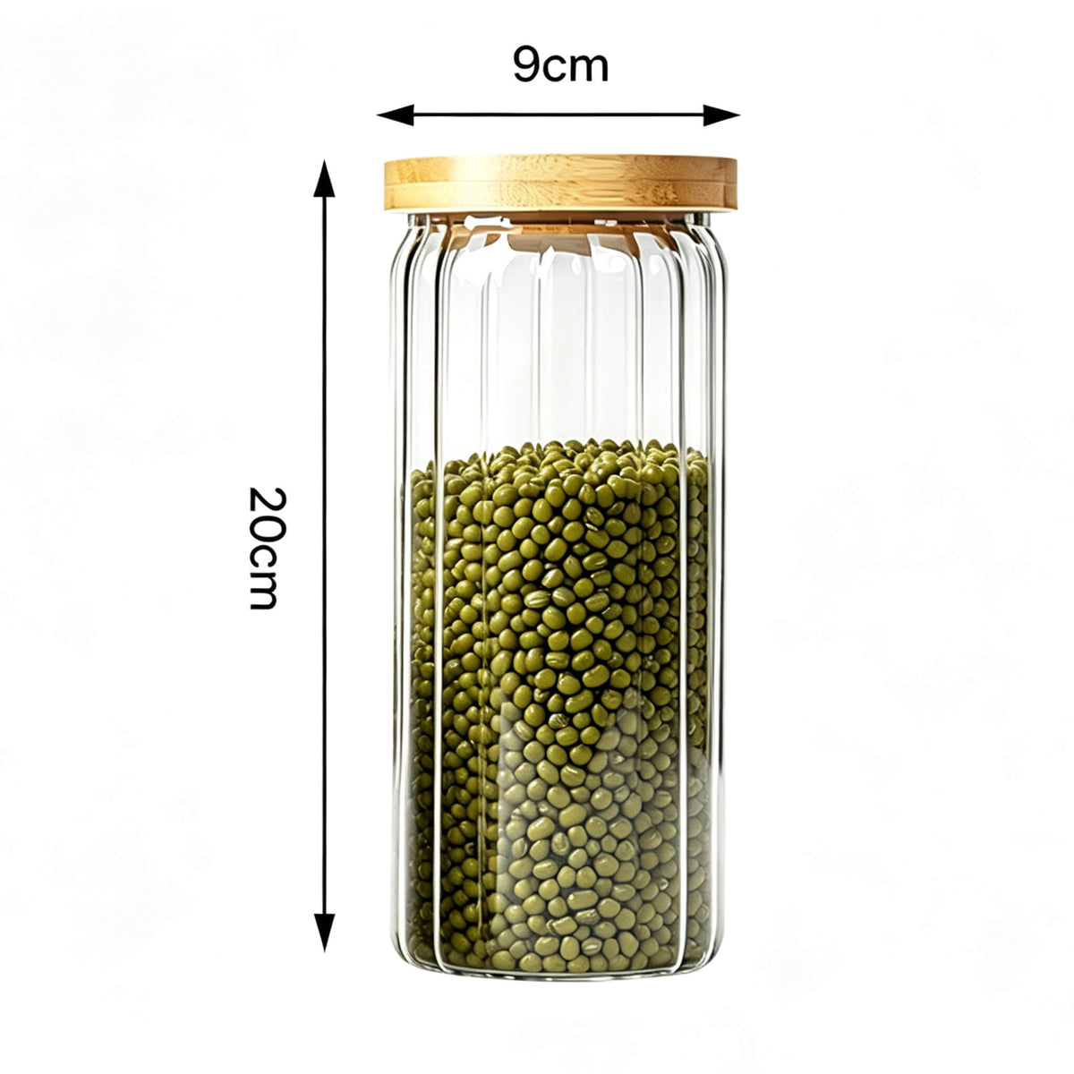 600ml ribbed glass jar with bamboo lid filled with green mung beans showing 15cm height and 9cm width dimensions.