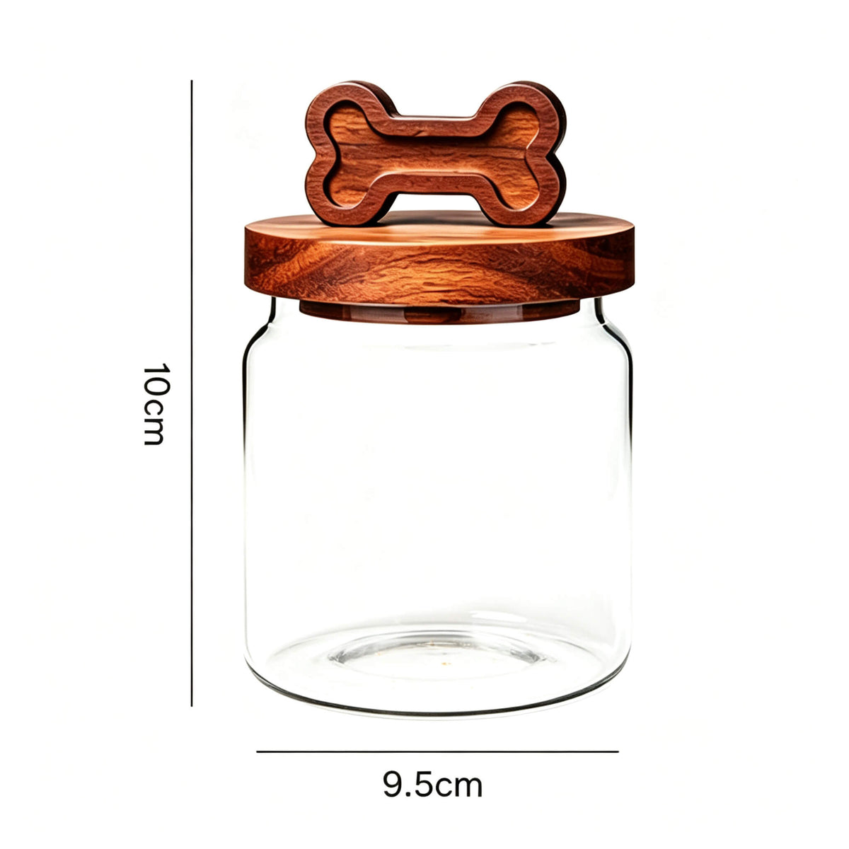 400ml smooth glass jar with bone-handle wooden lid showing 10cm height and 9.5cm width dimensions.