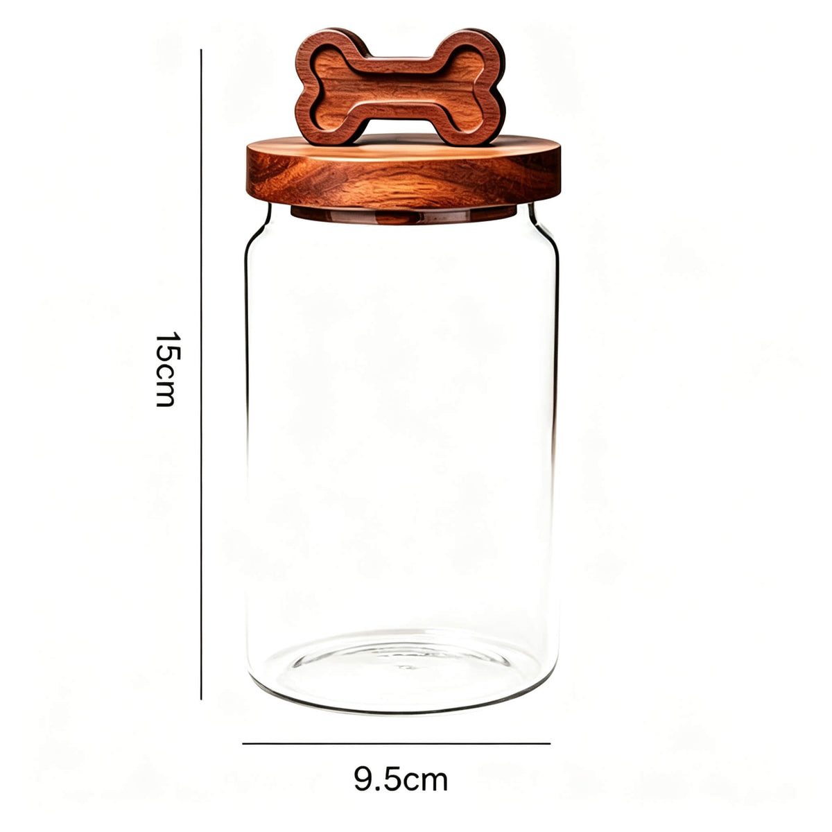600ml smooth glass jar with bone-handle wooden lid showing 15cm height and 9.5cm width dimensions.