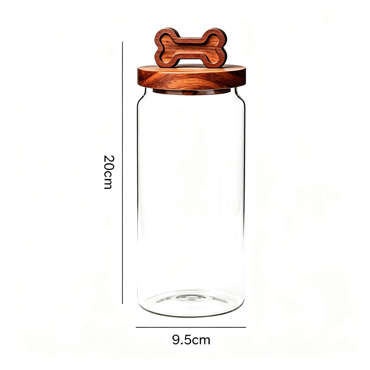 900ml smooth glass jar with bone-handle wooden lid showing 20cm height and 9.5cm width dimensions.