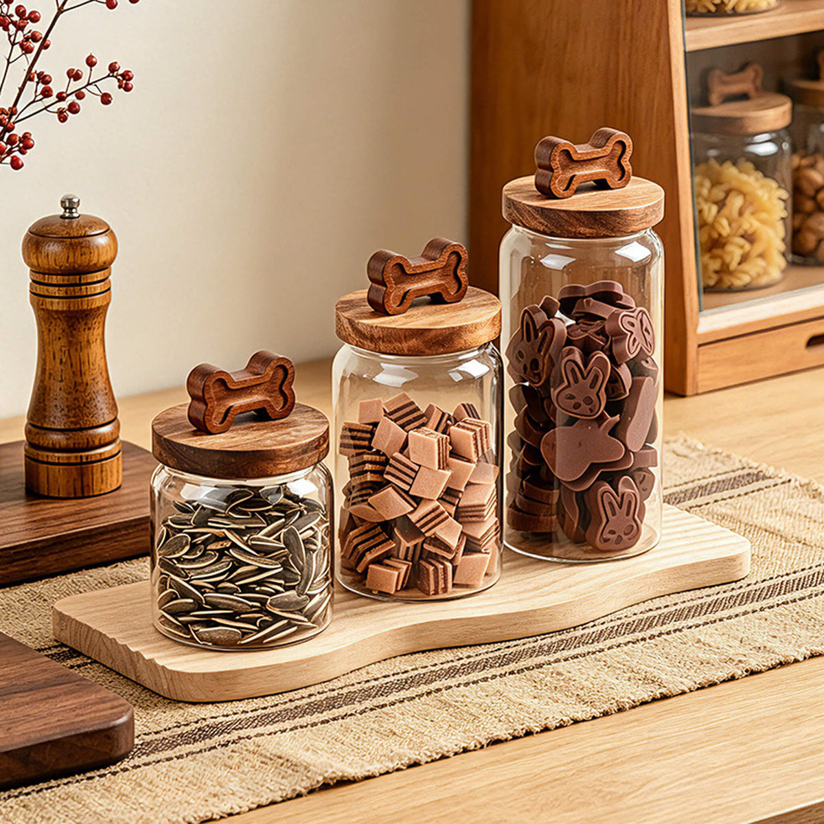 Three smooth glass jars with bone-handle lids on light wooden tray filled with sunflower seeds, wafer snacks, and chocolates.