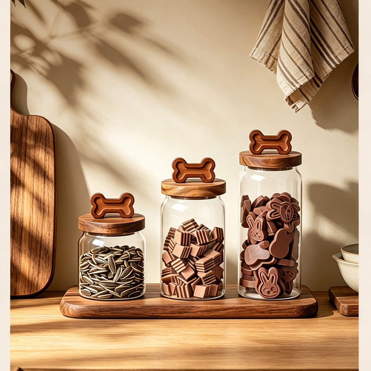 Three smooth glass jars with bone-handle lids on dark wood tray filled with seeds, wafer biscuits, and chocolates.