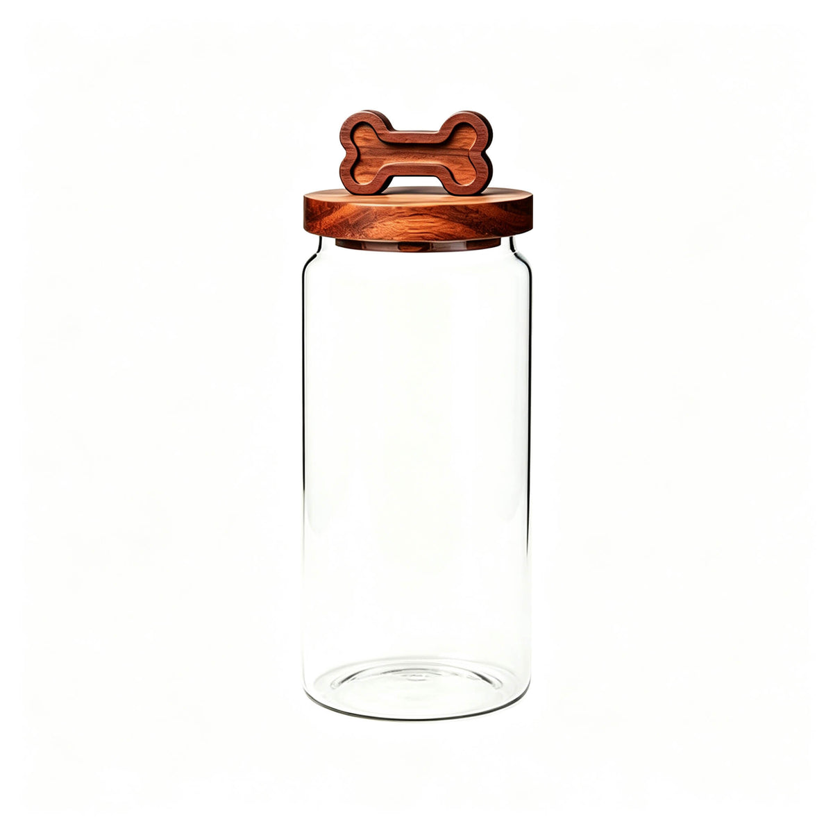 Clear smooth glass jar with round wooden lid featuring carved bone-shaped handle.
