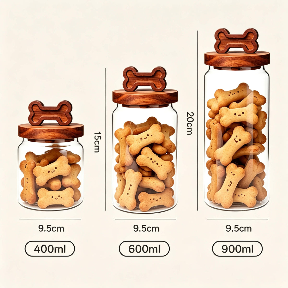 Three sizes of smooth glass jars with bone-handle lids filled with bone-shaped biscuits labeled 400ml, 600ml, and 900ml with dimensions.