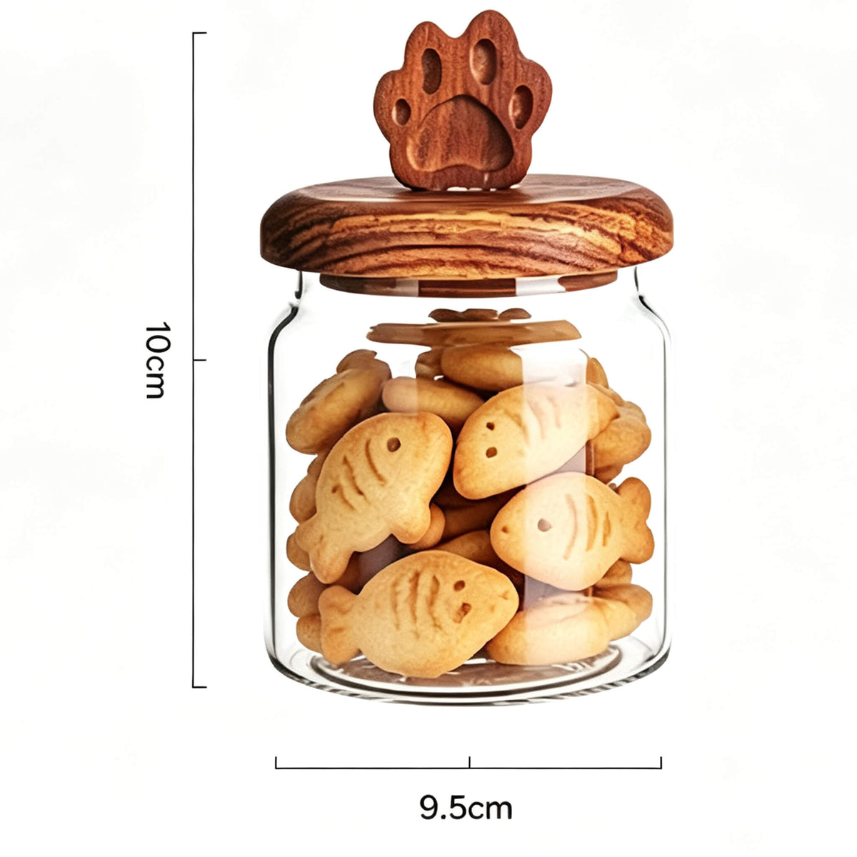 400ml smooth glass jar with cat paw handle wooden lid showing 10cm height and 9.5cm width dimensions.