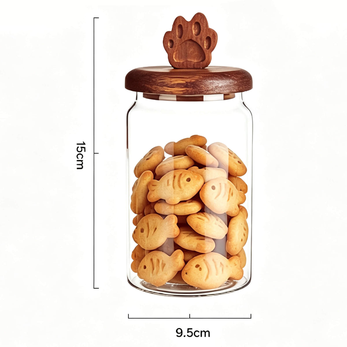 600ml smooth glass jar with cat paw handle wooden lid showing 15cm height and 9.5cm width dimensions.