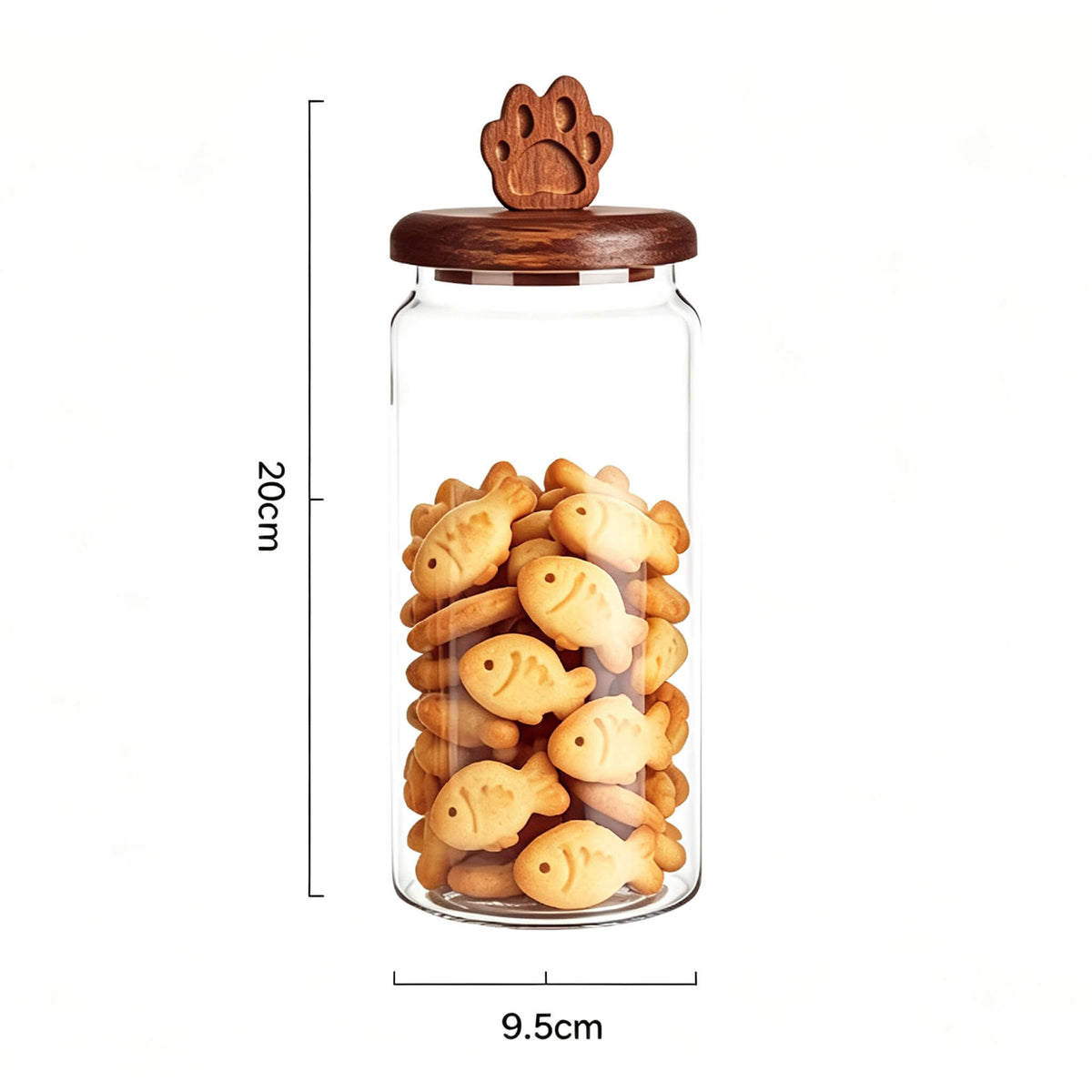 900ml smooth glass jar with cat paw handle wooden lid showing 20cm height and 9.5cm width dimensions.