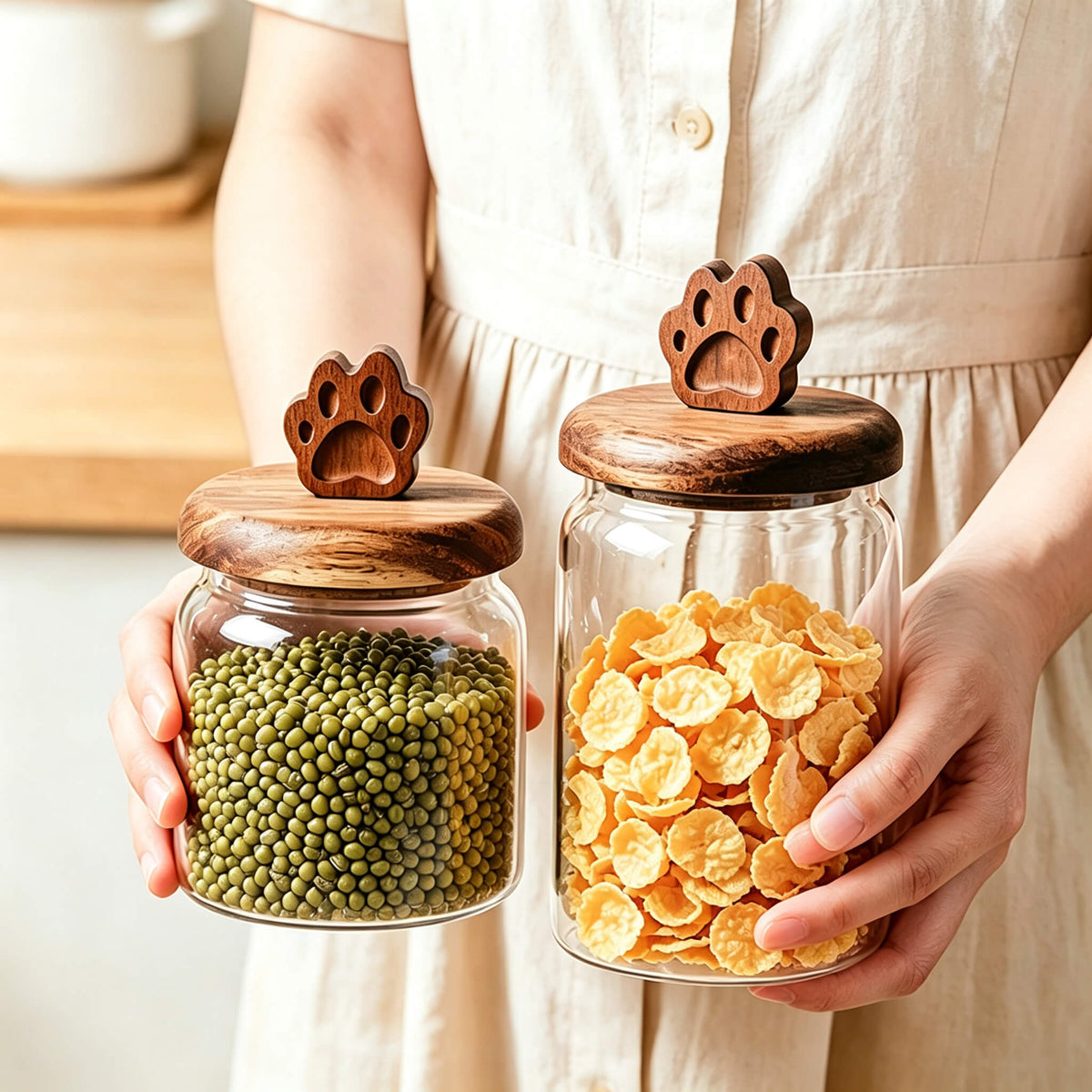 Four smooth glass jars with cat paw lids on counter filled with candies and sugar cubes.