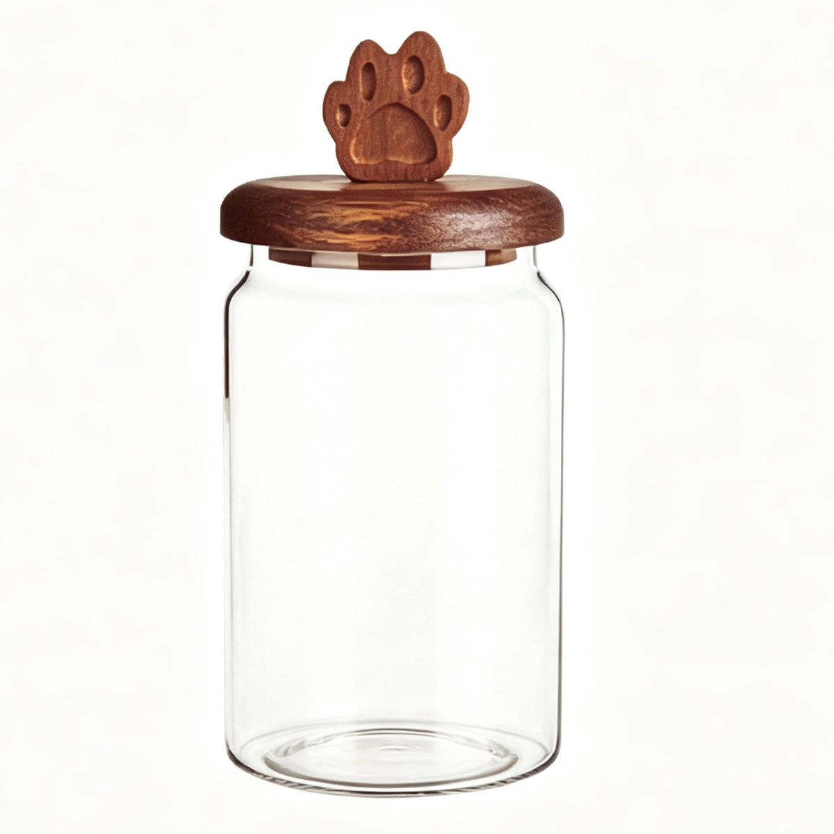 Clear smooth glass jar with round wooden lid featuring carved cat paw handle.