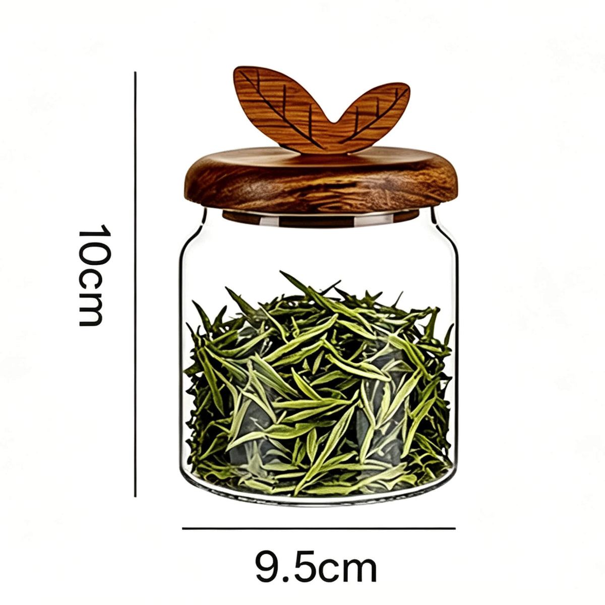 400ml smooth glass jar with leaf handle wooden lid filled with green tea leaves showing 10cm height and 9.5cm width dimensions.