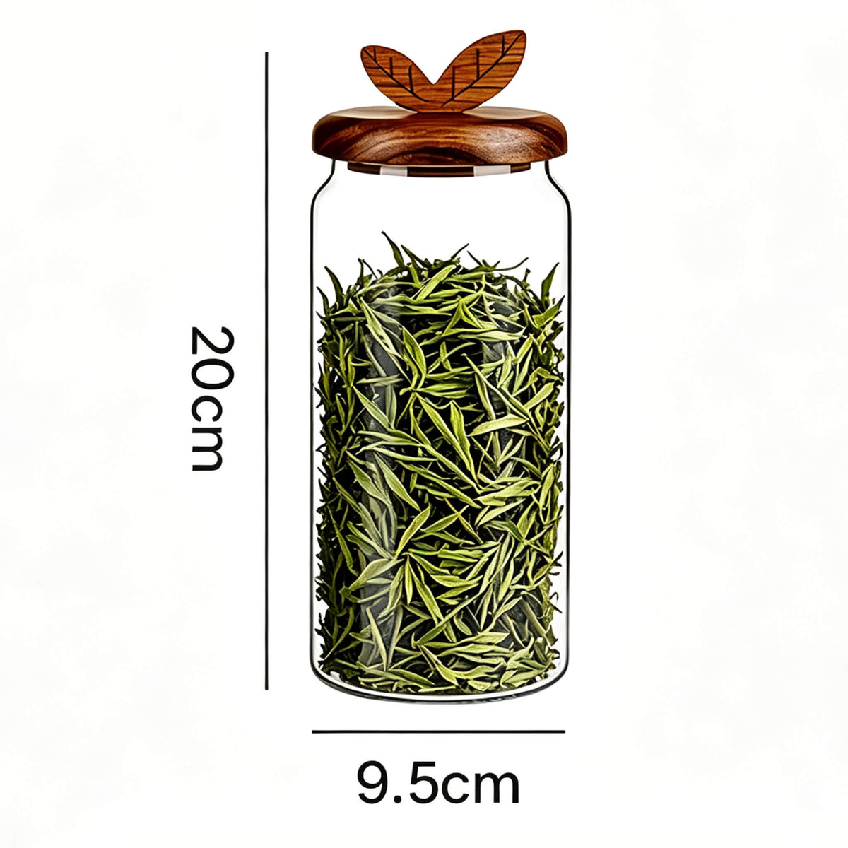 900ml smooth glass jar with leaf handle wooden lid filled with green tea leaves showing 20cm height and 9.5cm width dimensions.