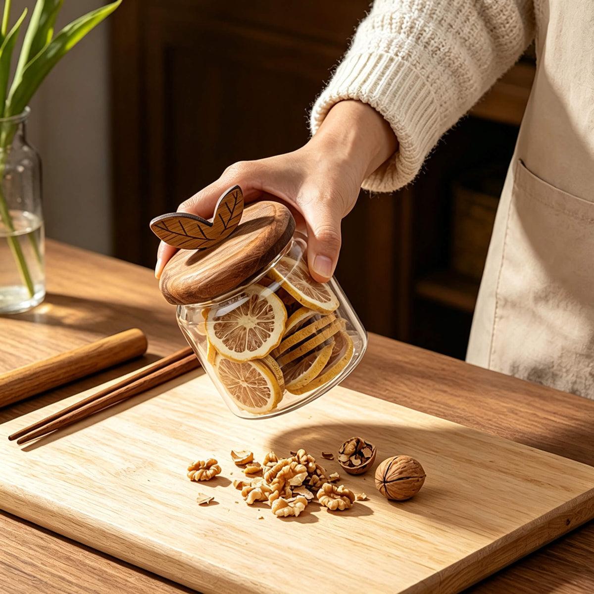Hand holding 400ml smooth glass jar with leaf lid filled with dried lemon slices above cracked walnuts on wooden board.
