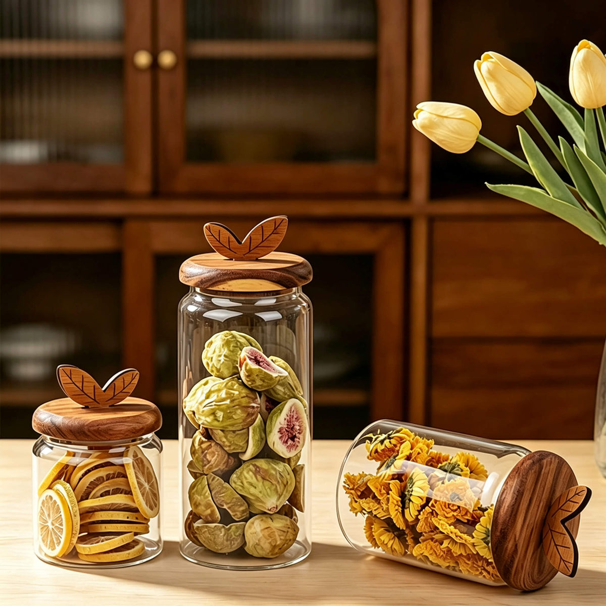Three smooth glass jars with leaf lids on table filled with dried lemon slices, dried figs, and yellow flower tea next to yellow tulips.