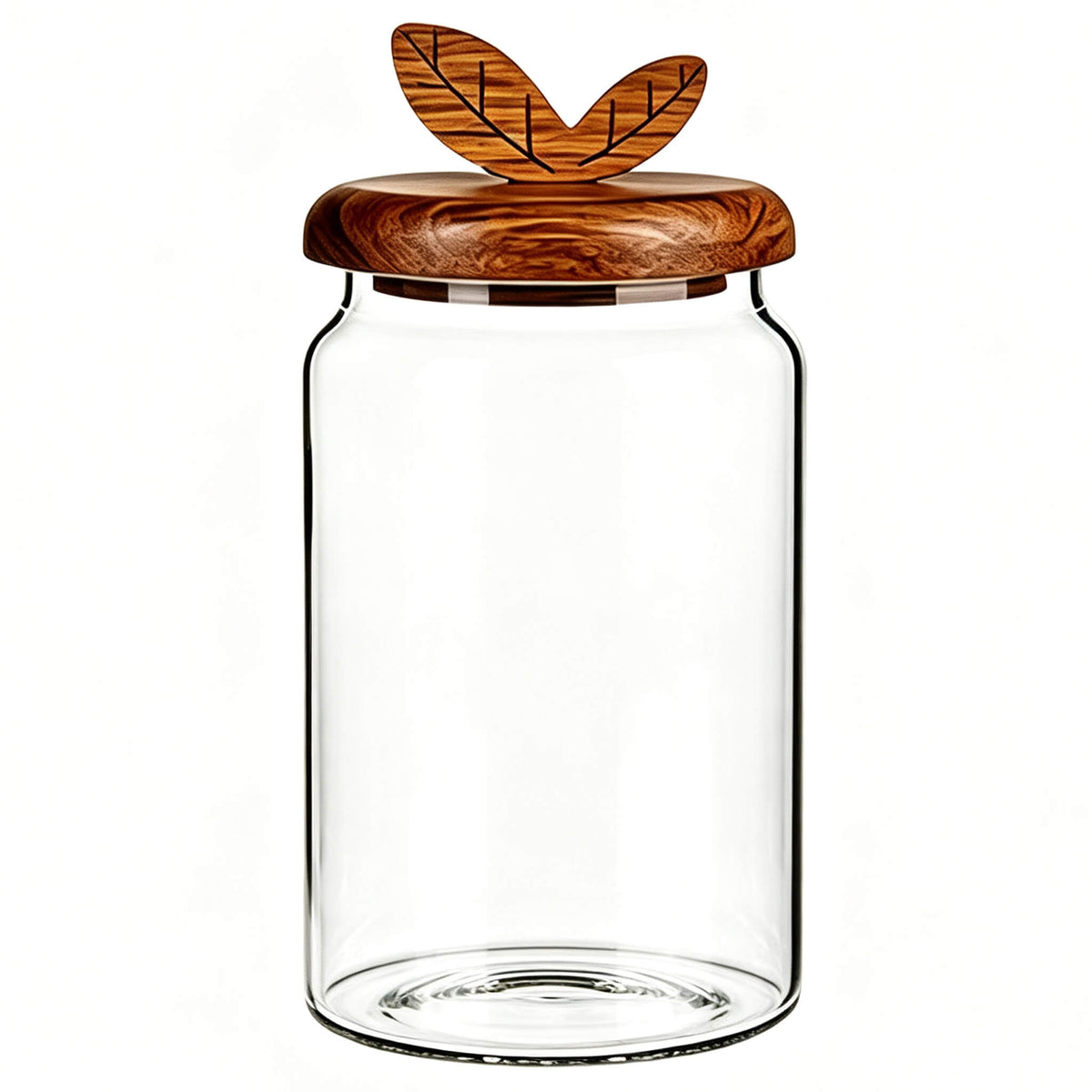 Clear smooth glass jar with round wooden lid featuring carved double leaf handle.