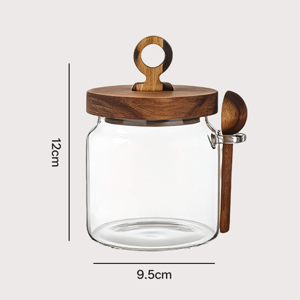 400ml smooth glass jar with wooden lid and spoon showing 12cm height and 9.5cm width dimensions.