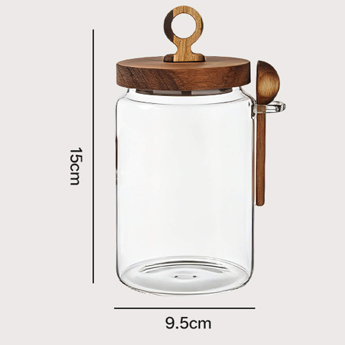 600ml smooth glass jar with wooden lid and spoon showing 15cm height and 9.5cm width dimensions.