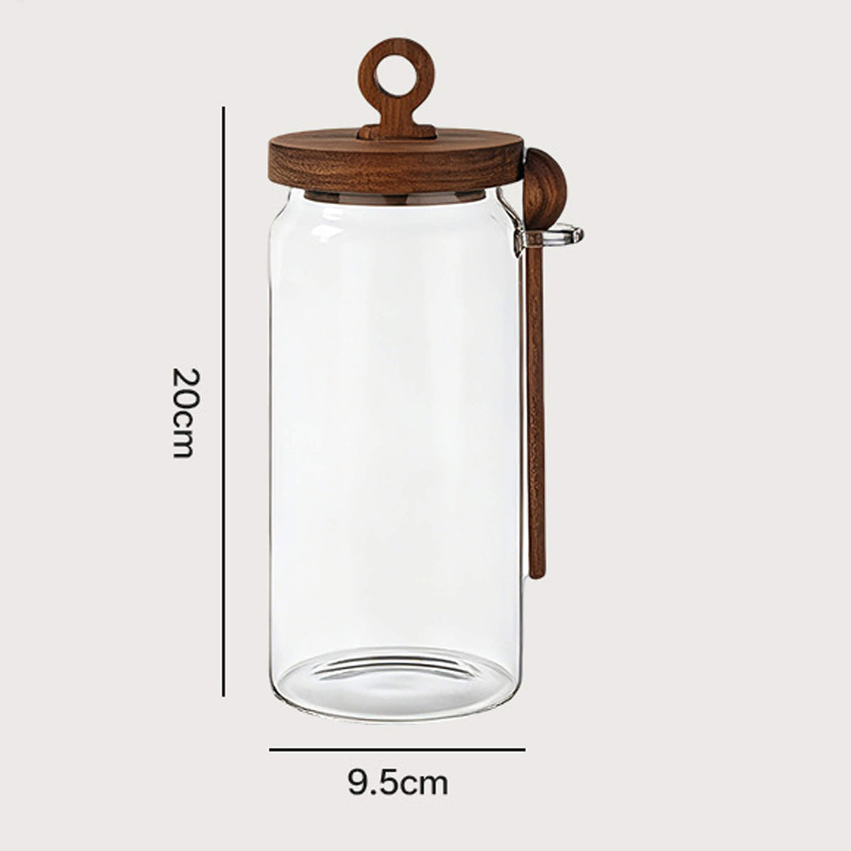 900ml smooth glass jar with wooden lid and spoon showing 20cm height and 9.5cm width dimensions.