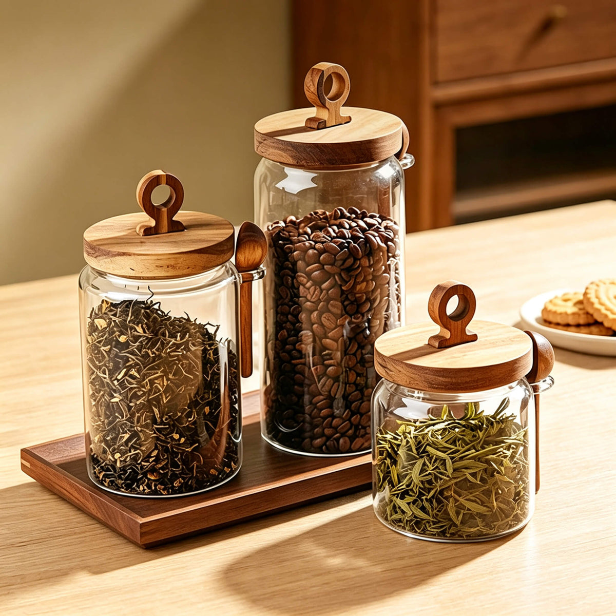 Three smooth glass jars on a wooden tray filled with loose tea and coffee beans.