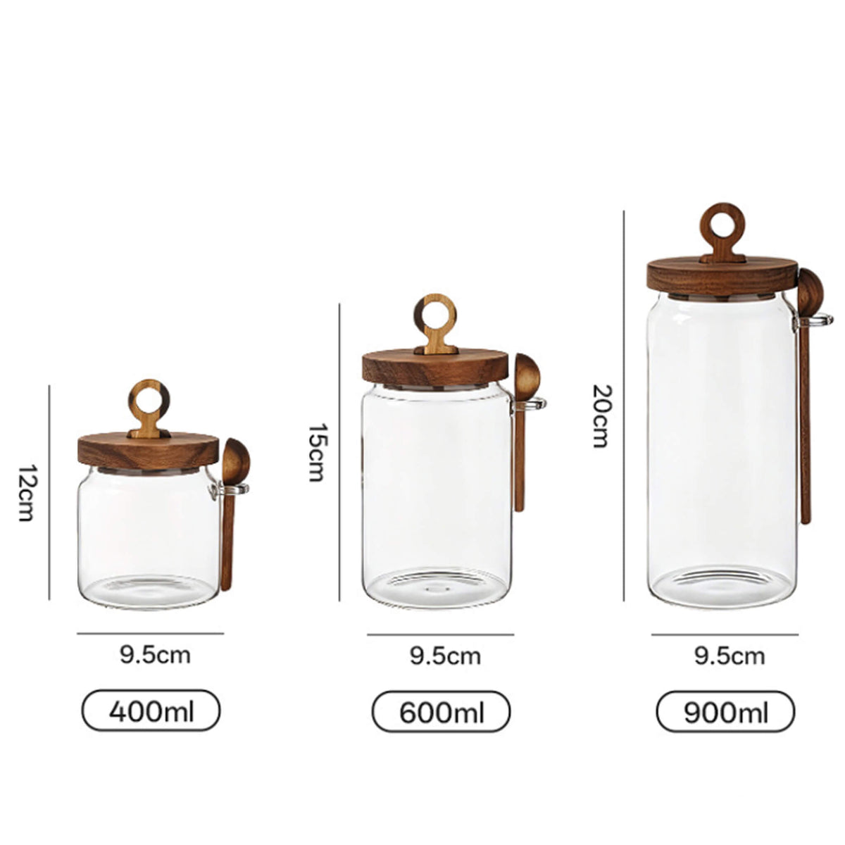Three sizes of smooth glass jars with wooden lids and spoons labeled 400ml, 600ml, and 900ml with dimensions.