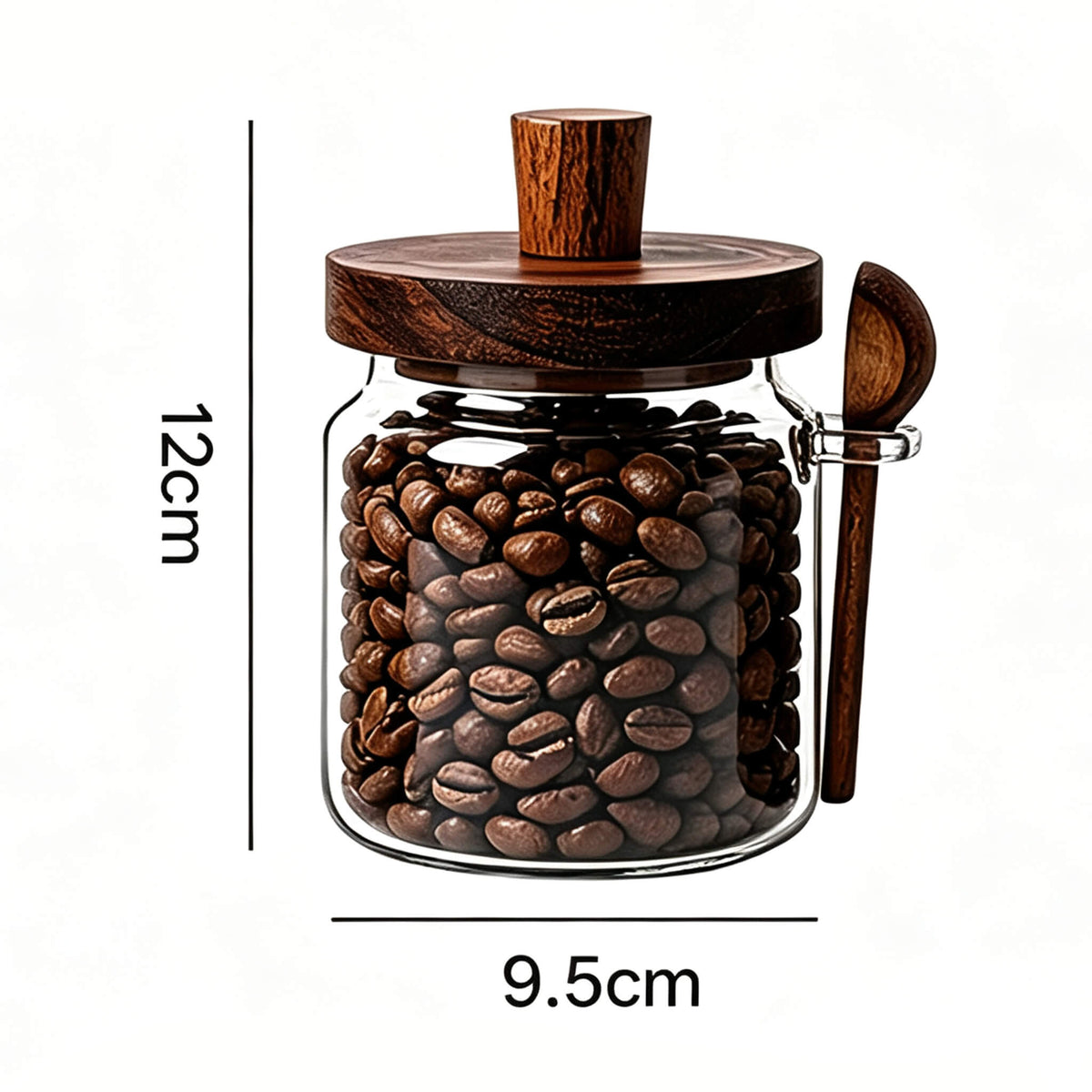 400ml smooth glass jar with solid wood knob lid and spoon showing 12cm height and 9.5cm width dimensions.