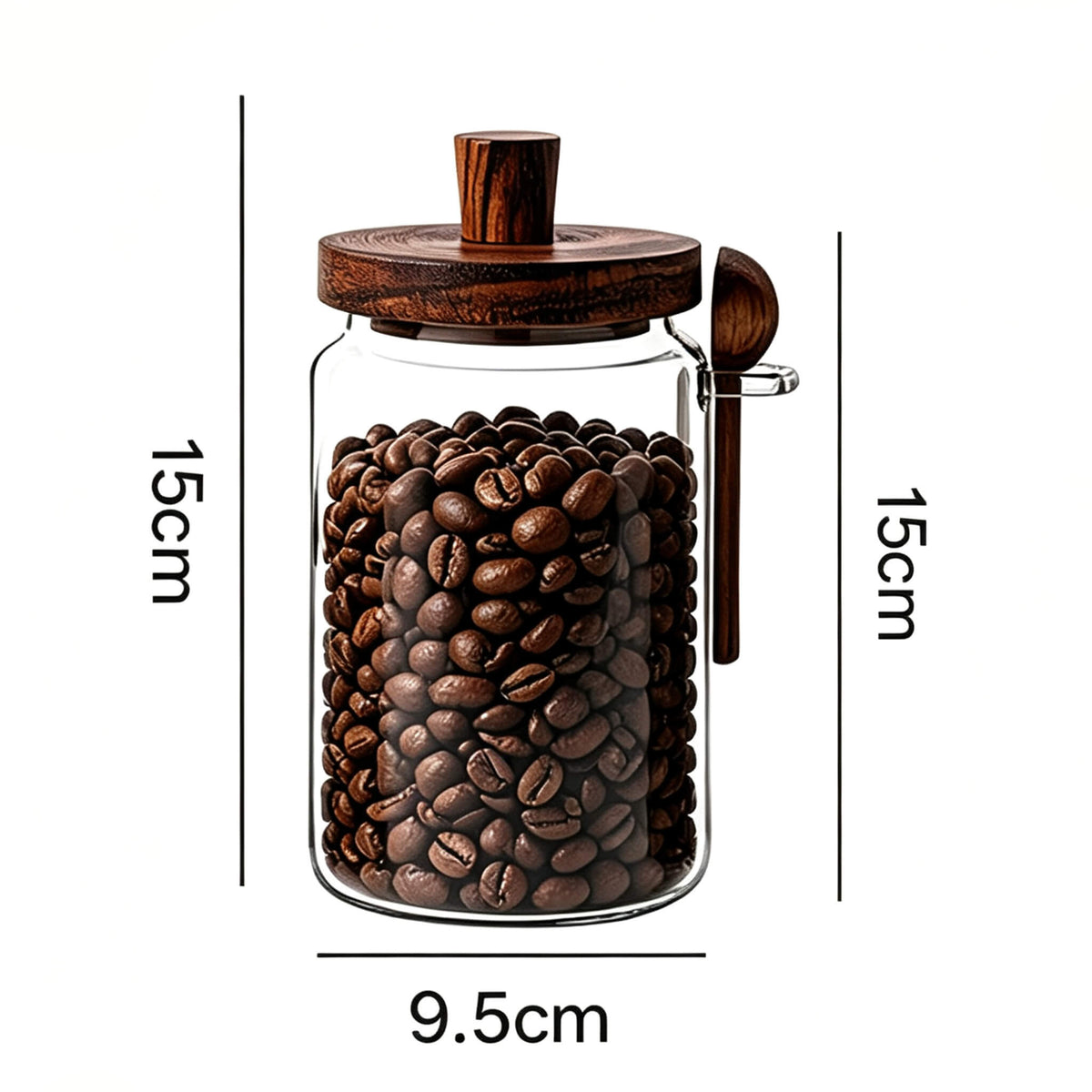 600ml smooth glass jar with solid wood knob lid and spoon showing 15cm height and 9.5cm width dimensions.