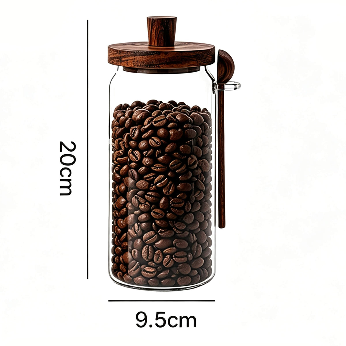 900ml smooth glass jar with solid wood knob lid and spoon showing 20cm height and 9.5cm width dimensions.