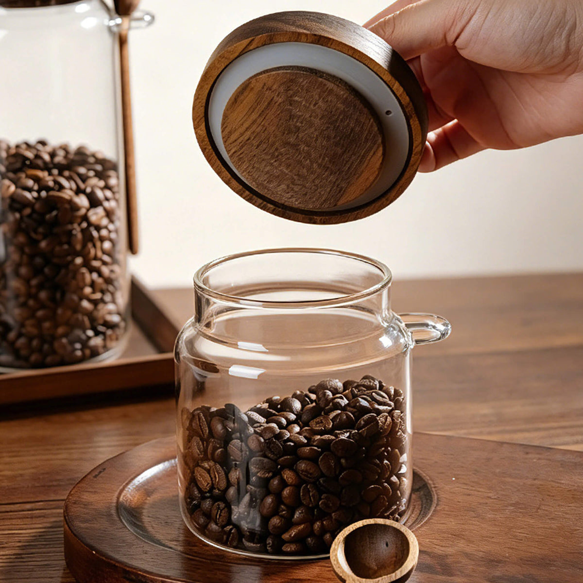 Hand holding solid wooden knob lid showing silicone sealing ring above open glass jar filled with coffee beans.