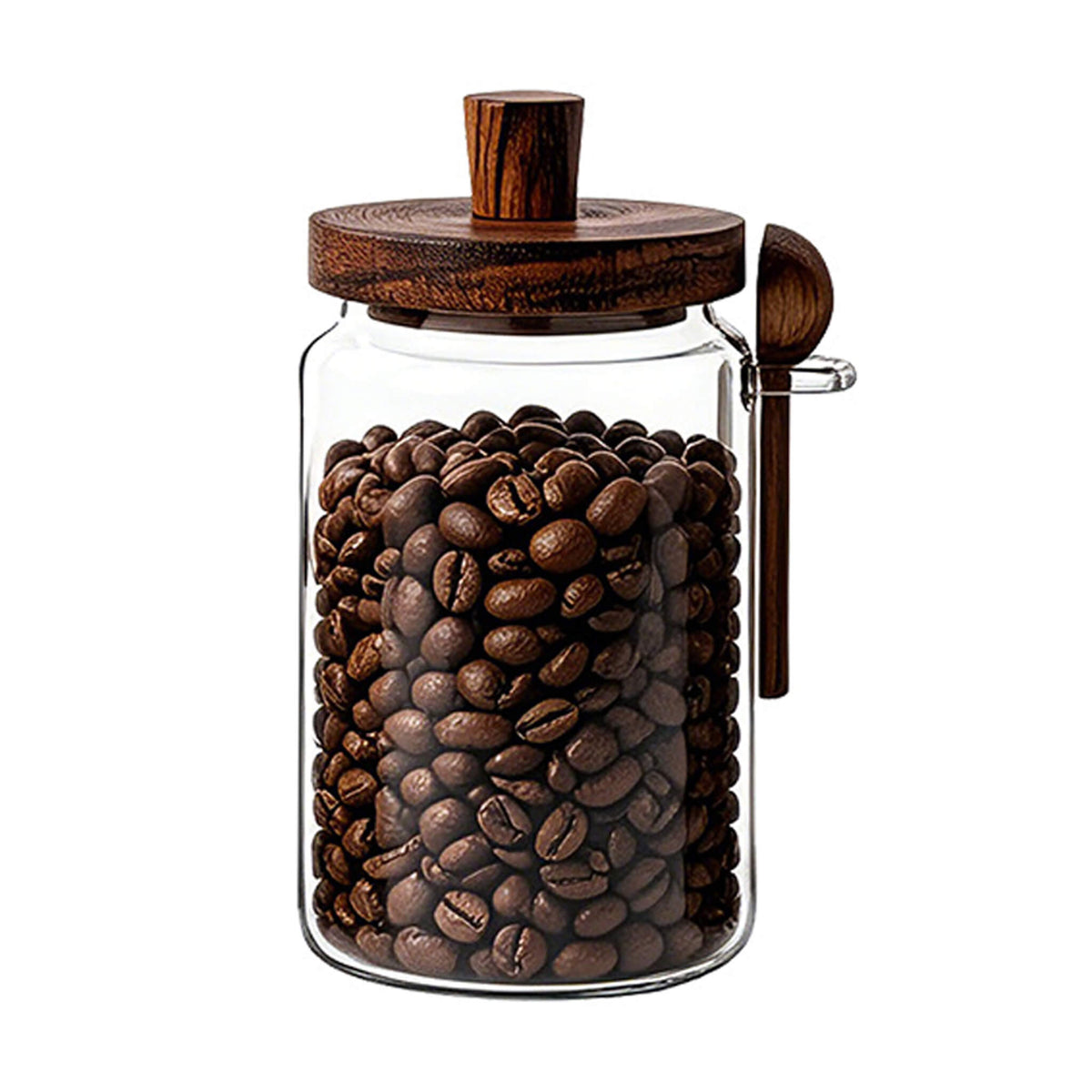 Two smooth glass jars with solid wood knob lids filled with coffee beans on wooden table.