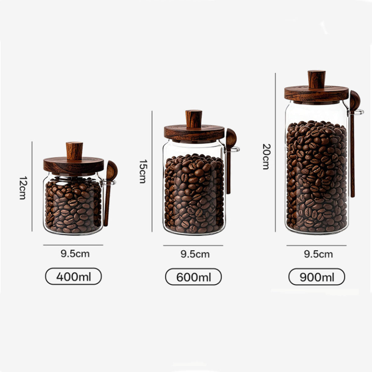Three sizes of smooth glass jars with solid wooden knob lids labeled 400ml, 600ml, and 900ml with dimensions.