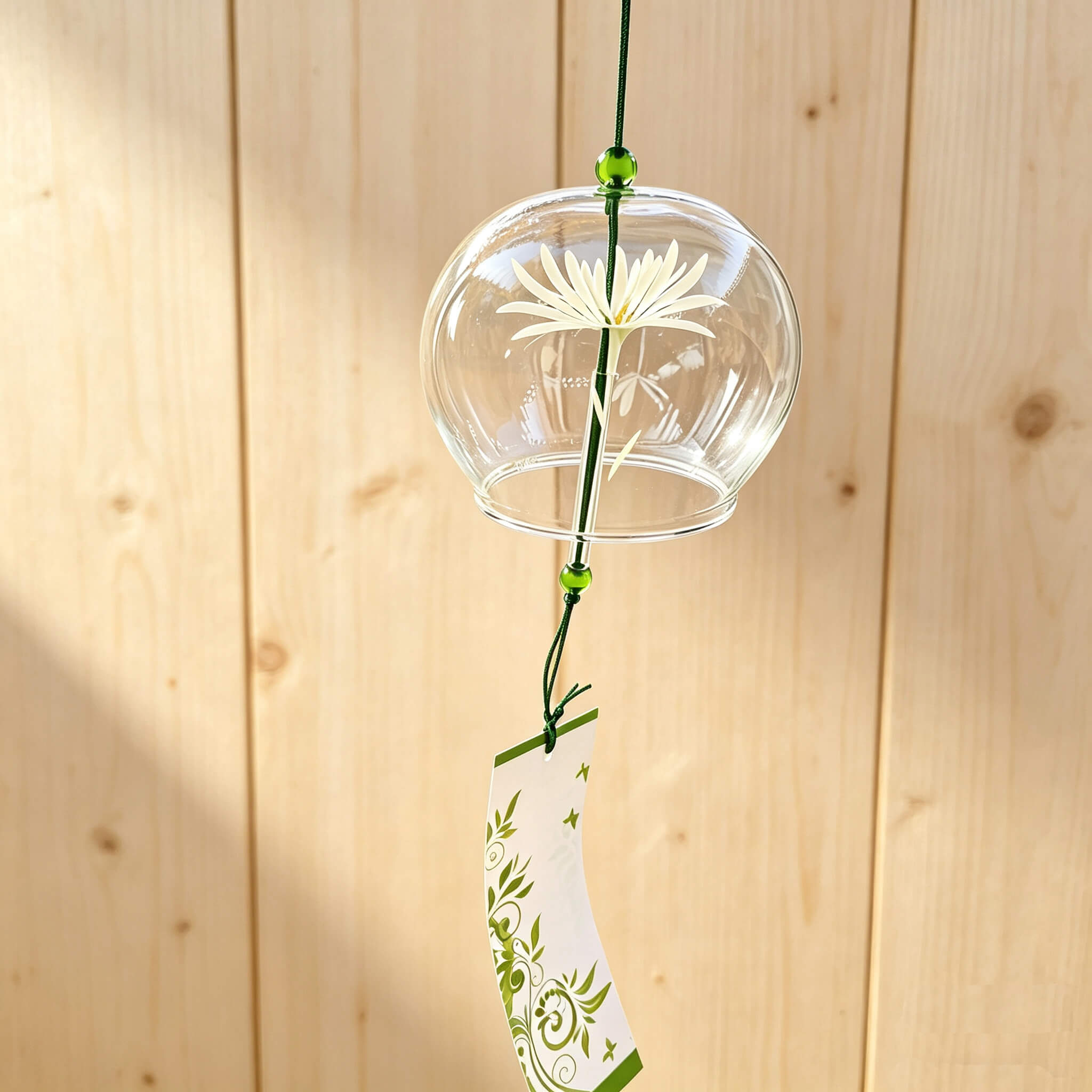 Close-up look of Acever white chrysanthemum glass wind chime X32 with wooden plank background showing the flower like engraved on the globe