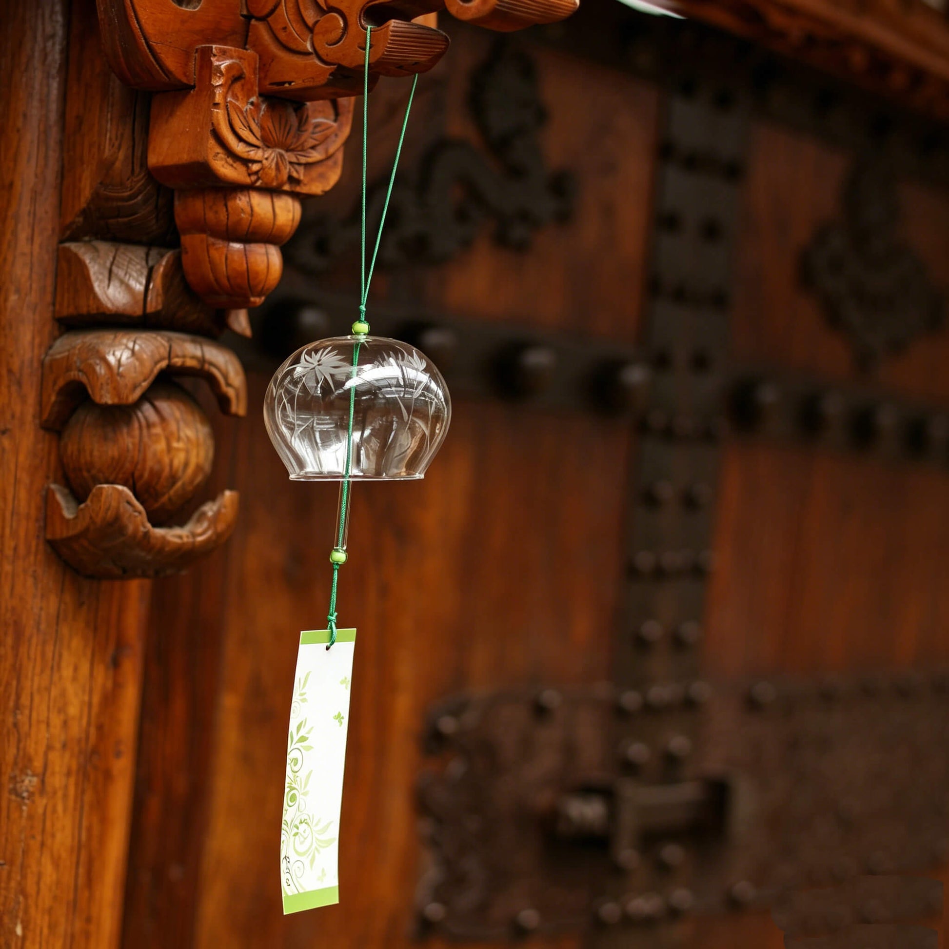 Acever white chrysanthemum glass wind chime X32 hanging from traditional Chinese temple carved wooden pillar showing clear globe with white lotus and green paper strip