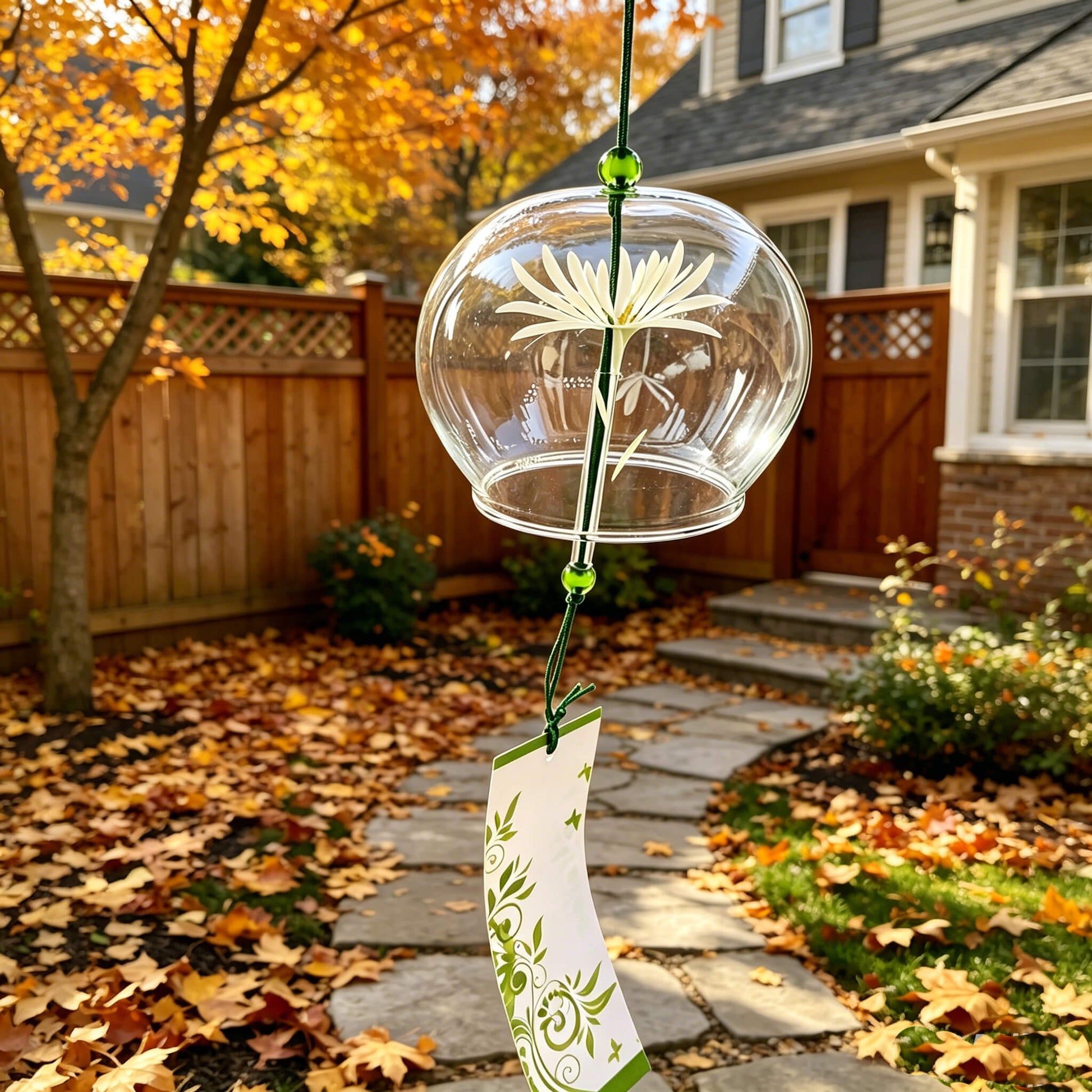 Acever white chrysanthemum glass wind chime X32 hanging in stone temple corridor showing clear globe with white lotus blossom and green vine scroll paper strip against ancient stone architecture