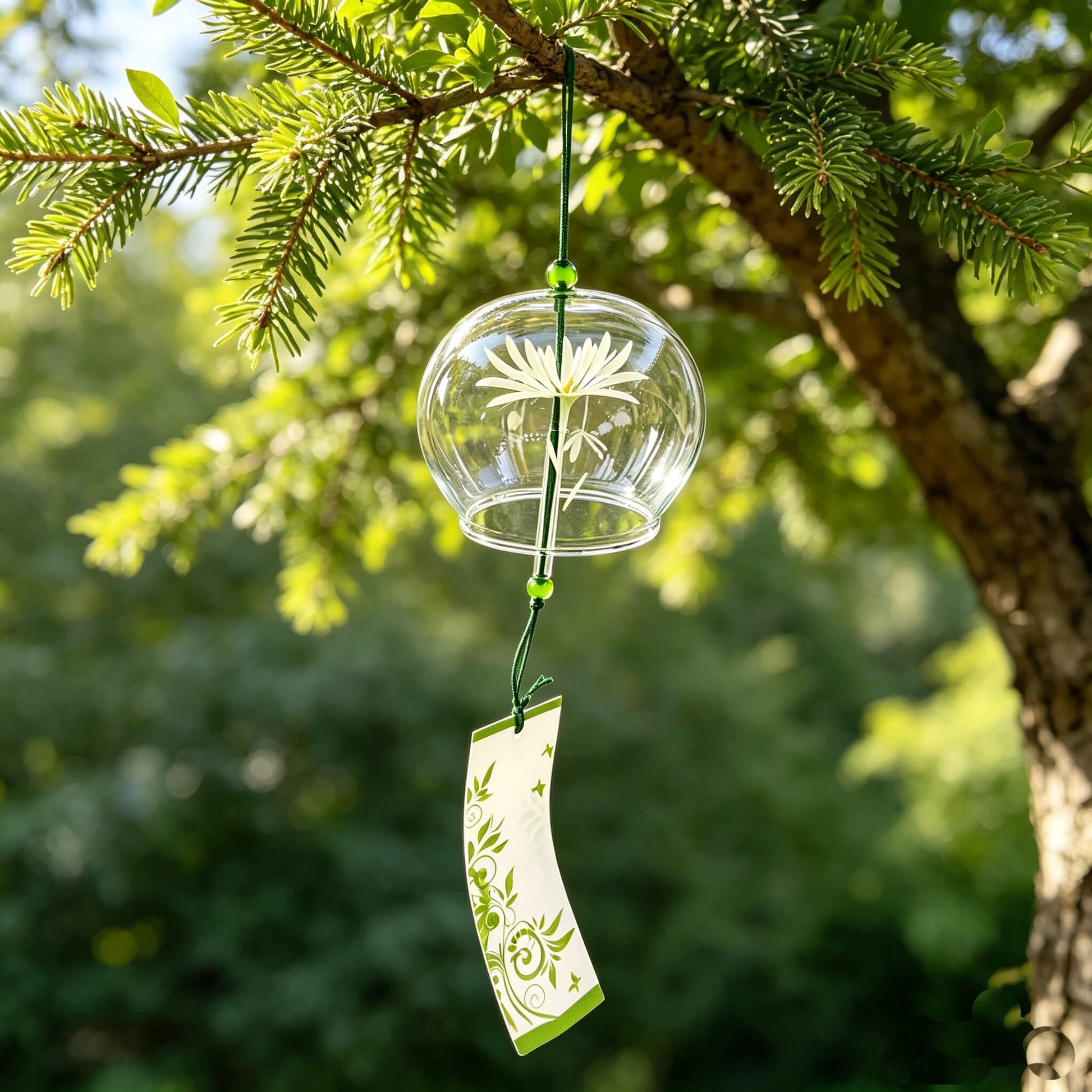 Acever white chrysanthemum glass wind chime X32 hanging on the pine tree branch with sunshine going through the clear glove