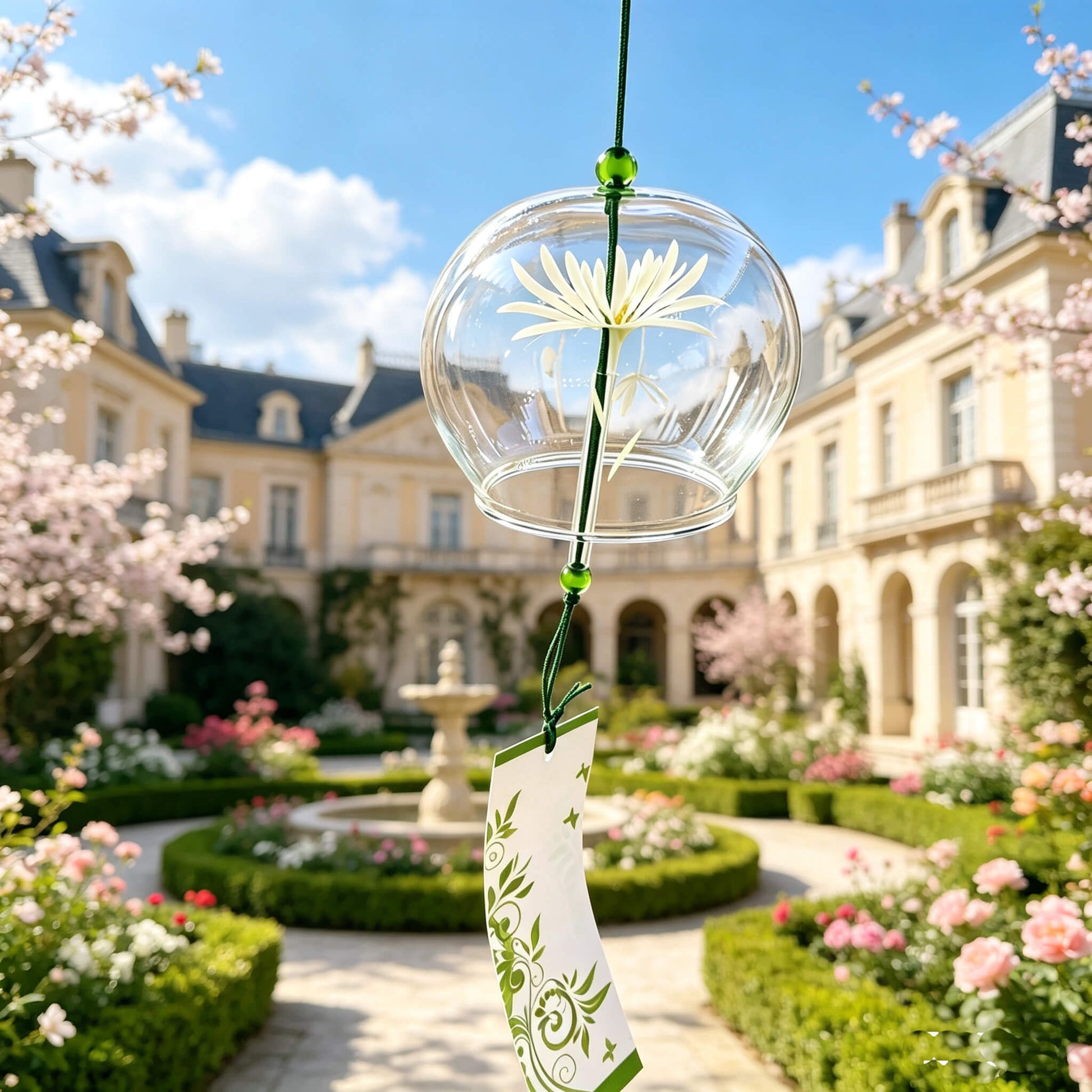 Acever white chrysanthemum glass wind chime X32 hanging in French chateau garden in spring bloom showing clear globe with single white lotus blossom and green vine scroll paper strip