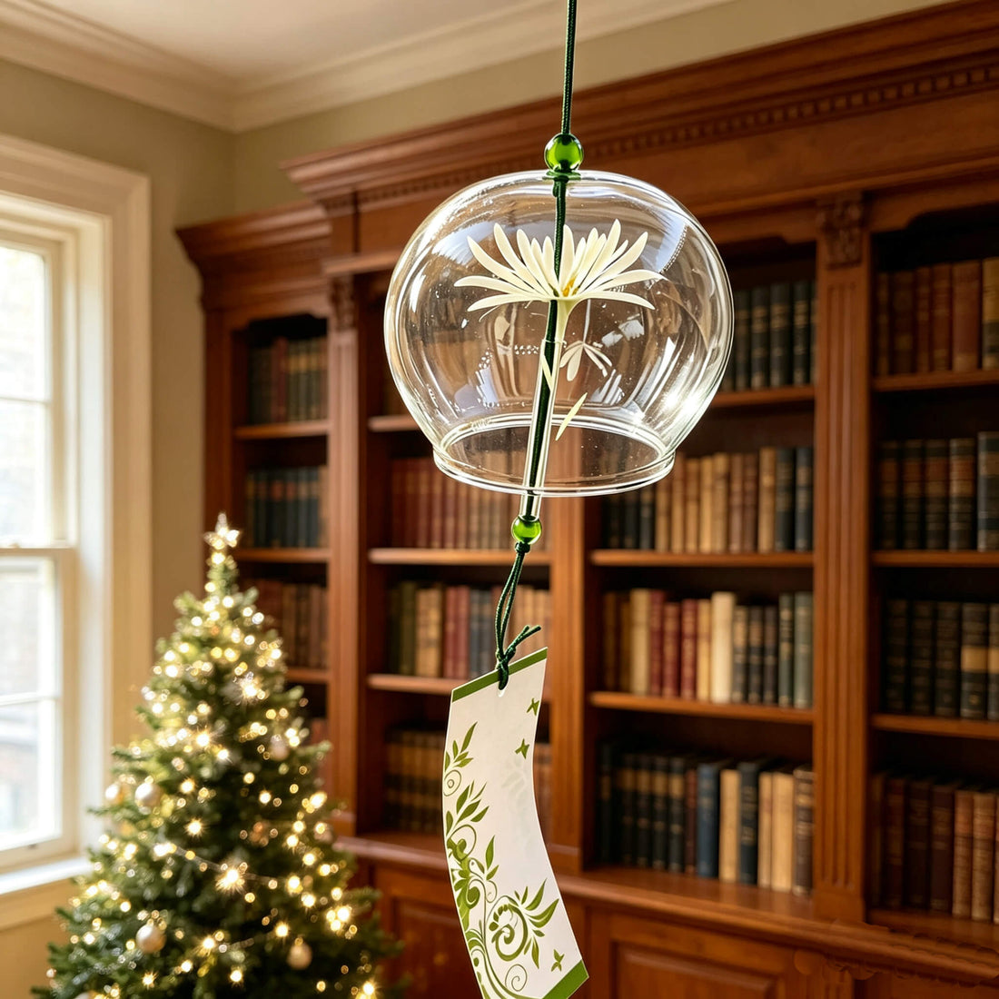 Acever white chrysanthemum glass wind chime X32 hanging in classic library with Christmas tree showing clear globe with white lotus blossom, dark green cord with glass beads, and green vine scroll paper strip