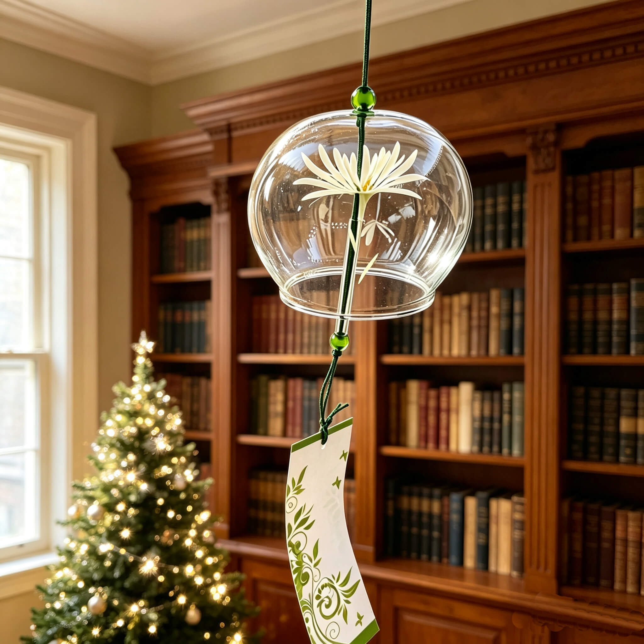 Acever white chrysanthemum glass wind chime X32 hanging in classic library with Christmas tree showing clear globe with white lotus blossom, dark green cord with glass beads, and green vine scroll paper strip
