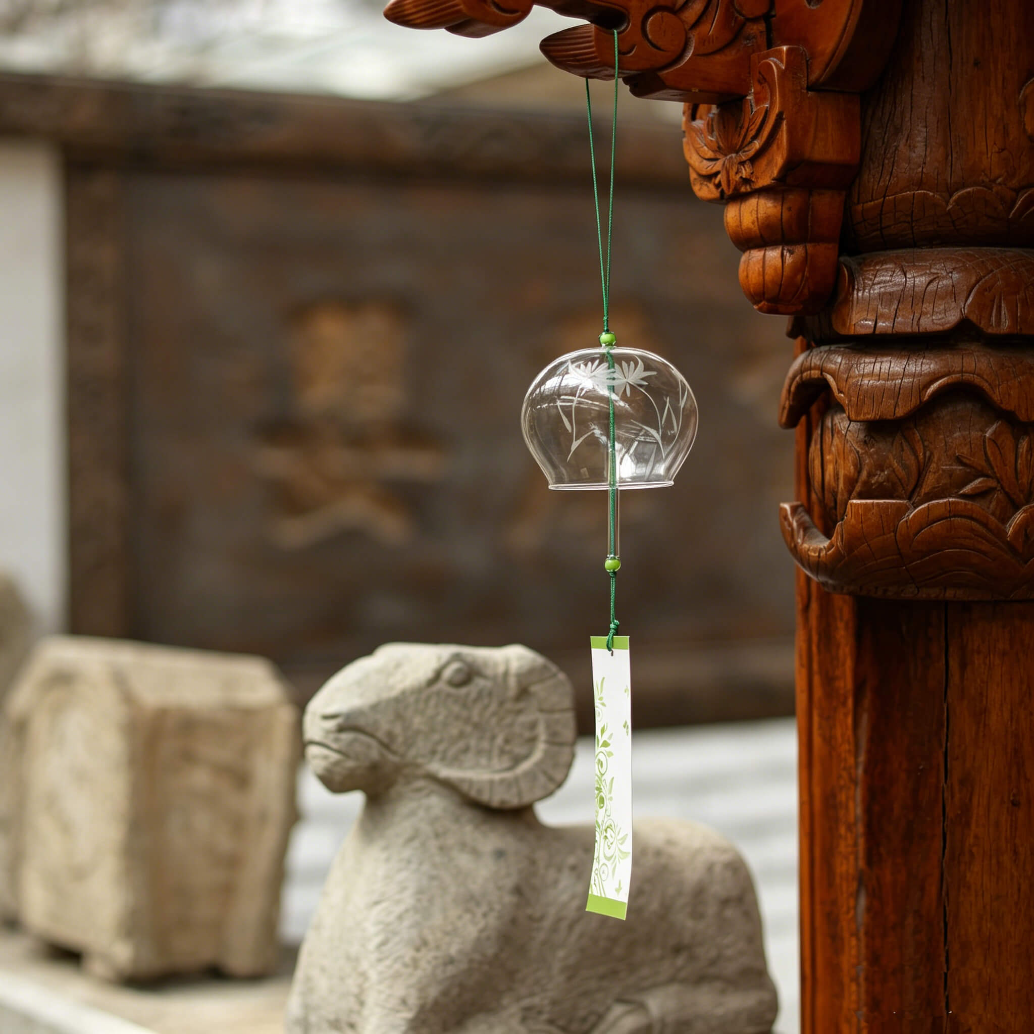 Acever white chrysanthemum glass wind chime X32 hanging from traditional Chinese temple carved wooden pillar with stone ram sculpture showing clear globe with white lotus and green paper strip