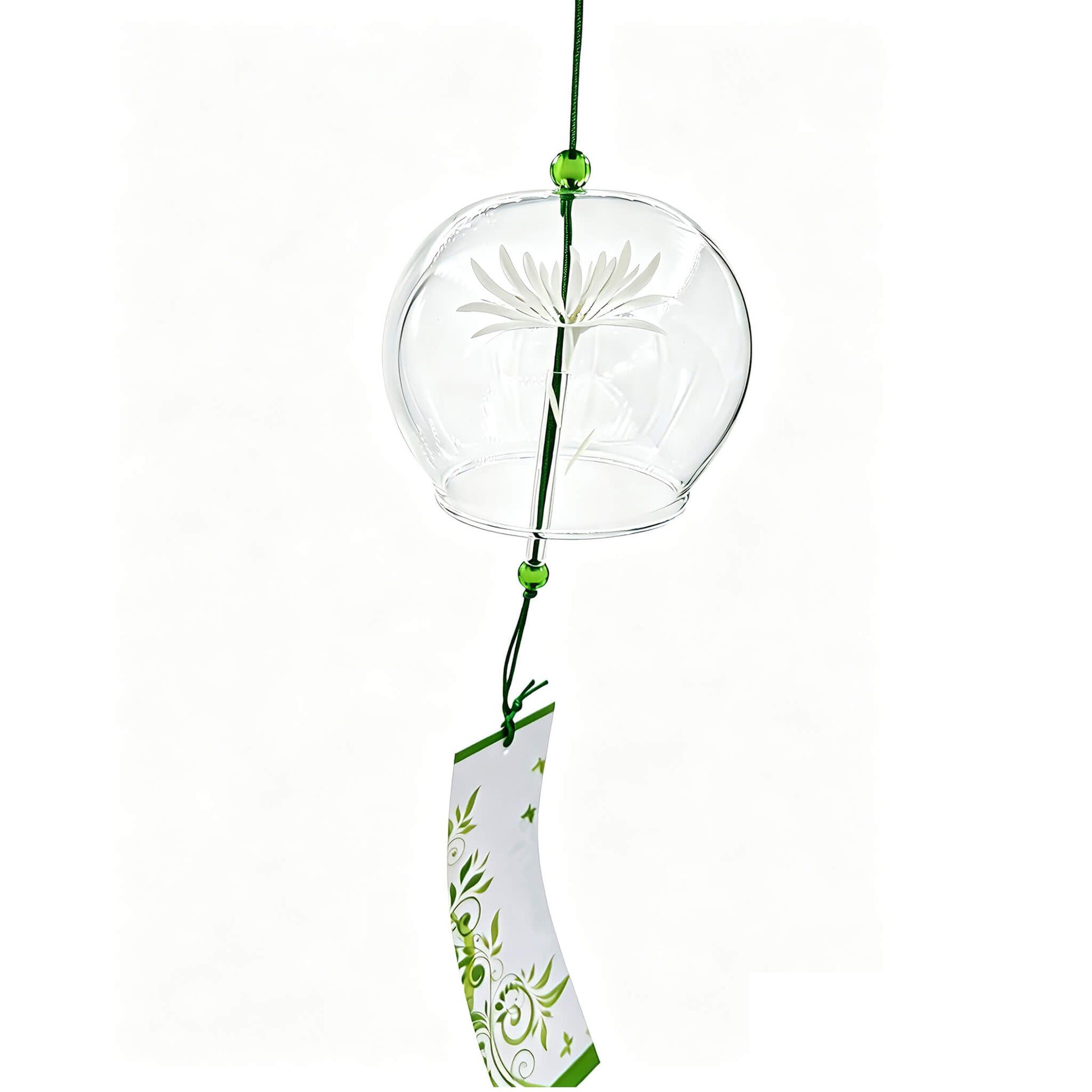 Acever white chrysanthemum glass wind chime X32 hanging in white background showing clear globe with the flower blossom and green vine scroll paper strip