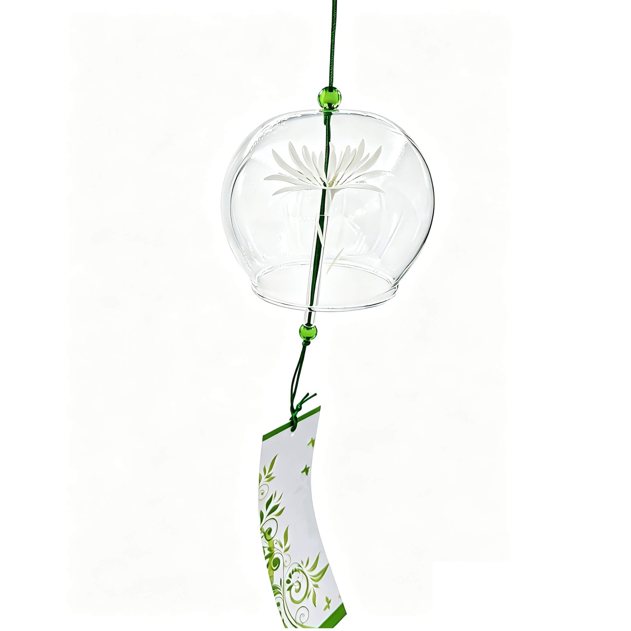 Acever white chrysanthemum glass wind chime X32 hanging in white background showing clear globe with the flower blossom and green vine scroll paper strip