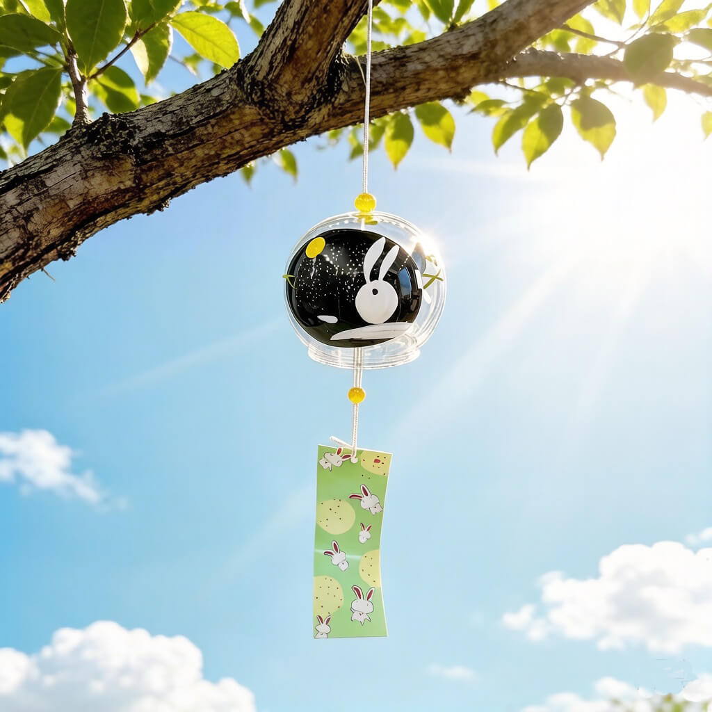 Acever Moon Rabbit glass wind chime X36 hanging from tree branch against blue sky with sunlight showing clear globe with black night sky interior, white rabbit, gold moon, and mint green bunny paper strip