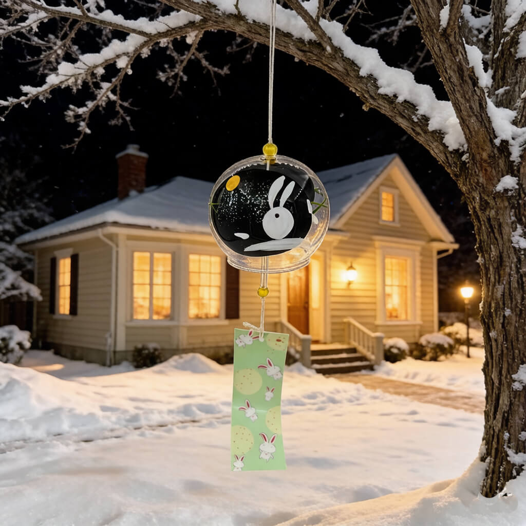 Acever Moon Rabbit glass wind chime X36 hanging from snowy tree branch against suburban house at night showing clear globe with black night sky, white moon rabbit, and mint green bunny paper strip
