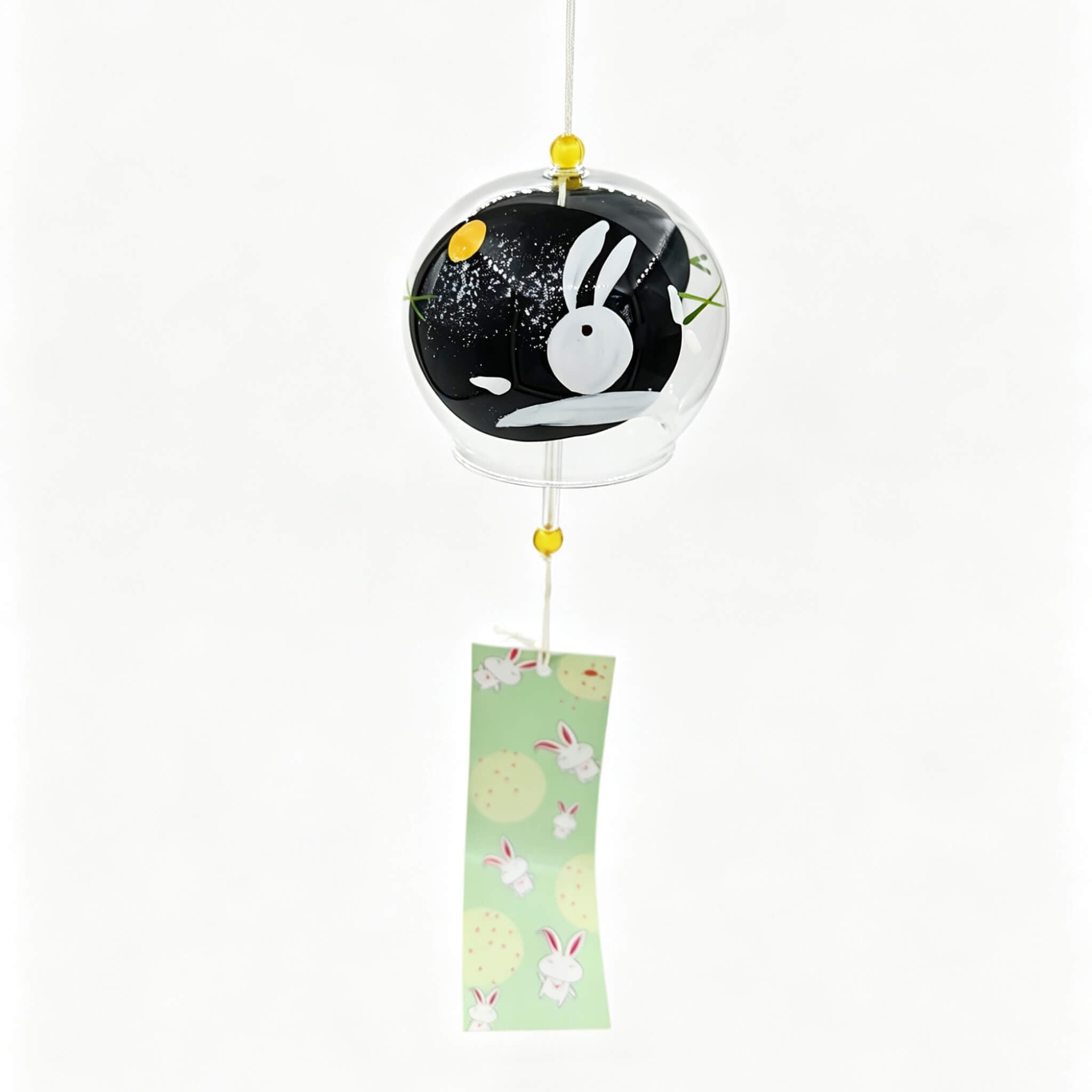 Acever Moon Rabbit glass wind chime X36 on white background showing full length with clear globe, black night sky interior with white rabbit silhouette and gold moon, yellow glass beads, and mint green bunny paper strip