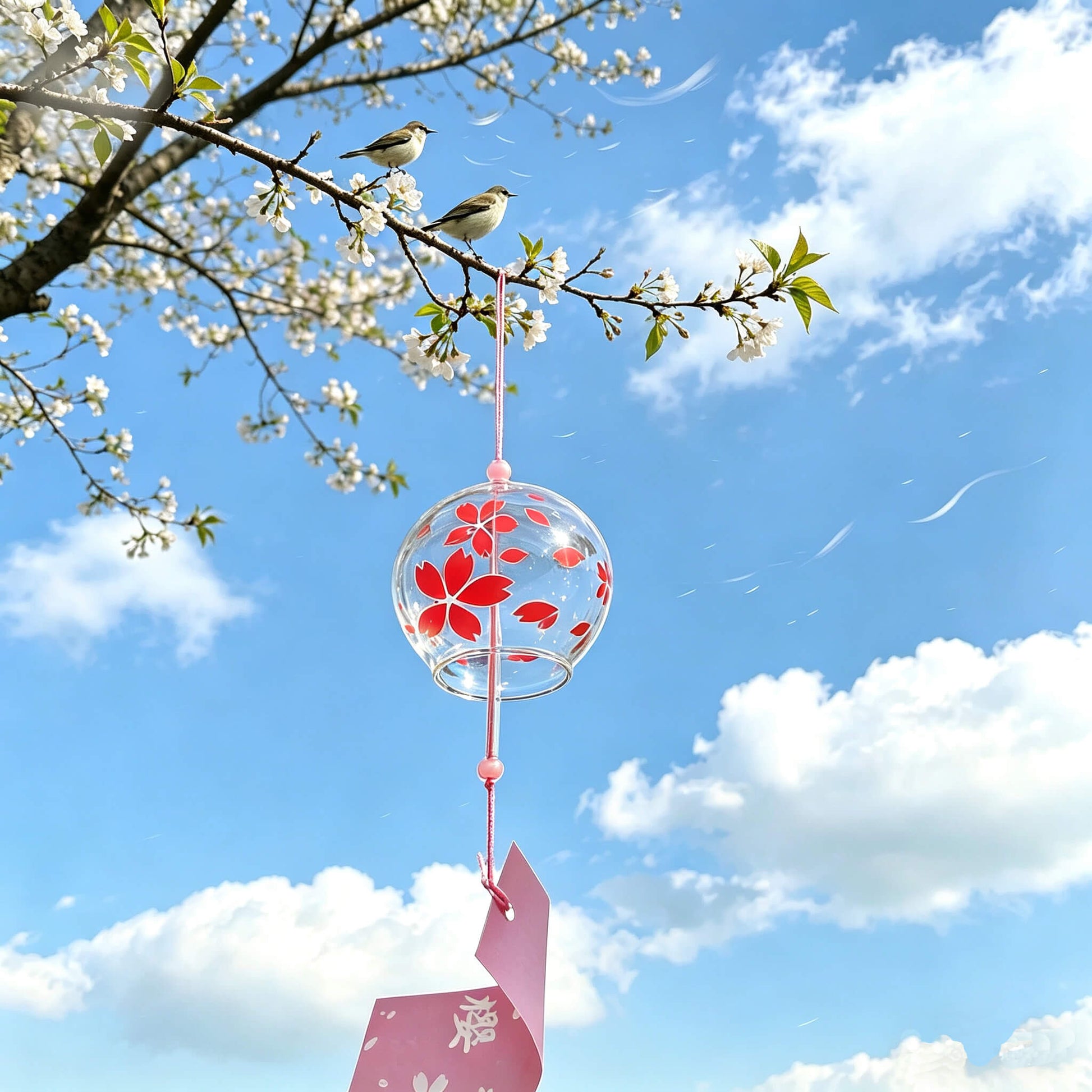 Acever red sakura glass wind chime X37 hanging on tree branch with blue sky background showing full length with clear globe, bold red cherry blossom blooms and scattered petals, pink cord, and pink paper strip 