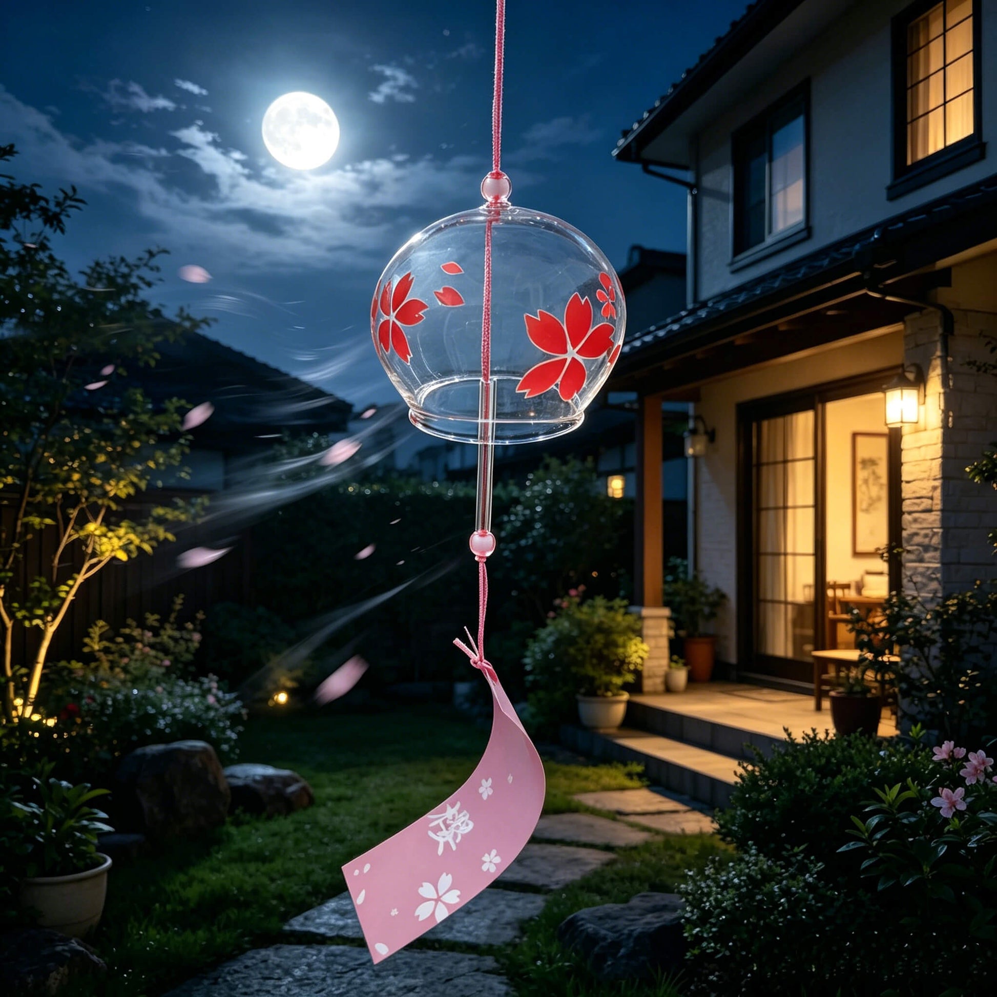 Acever red sakura glass wind chime X37 hanging in Japanese garden at night with full moon and blowing petals showing clear globe with vivid red cherry blossoms and pink sakura paper strip