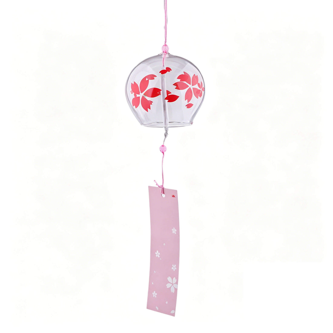 Main product shot of Acever Japanese furin glass wind chime X37 on white background showing clear globe with vivid red sakura cherry blossom blooms and petals with pink cord and pink paper strip with white sakura
