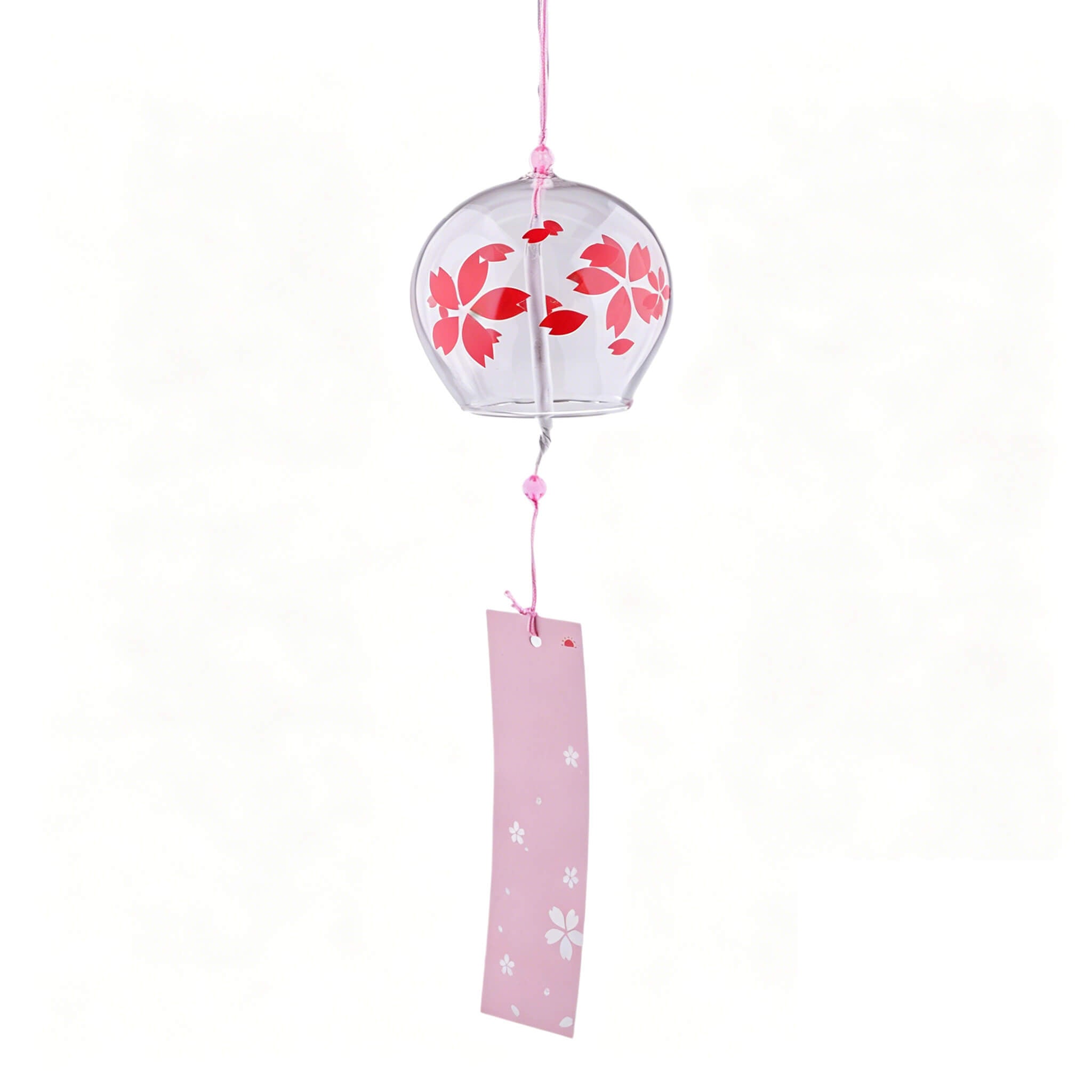 Main product shot of Acever Japanese furin glass wind chime X37 on white background showing clear globe with vivid red sakura cherry blossom blooms and petals with pink cord and pink paper strip with white sakura