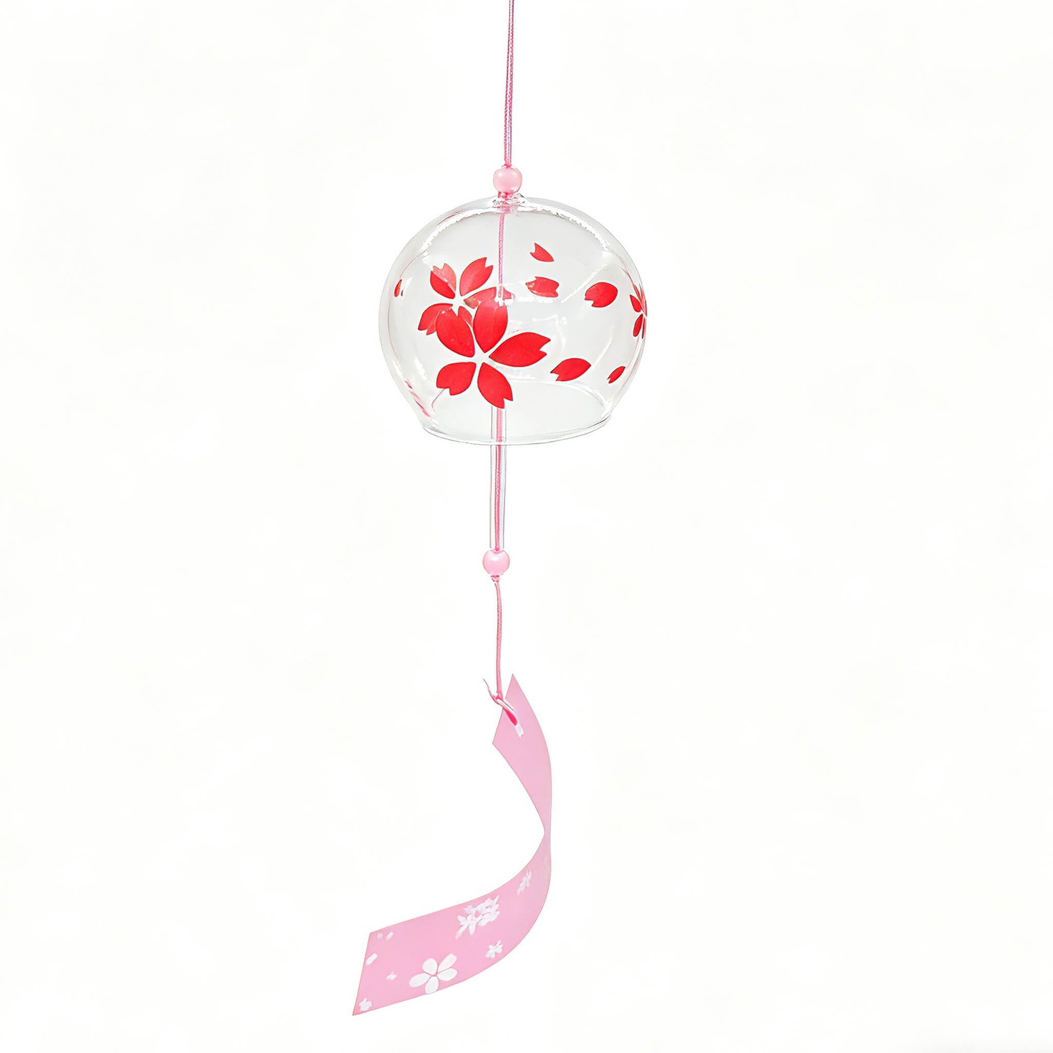 Side view of Acever red sakura glass wind chime X37 on white background showing clear globe profile with bold red cherry blossom blooms, pink cord with glass beads, and pink paper strip with white sakura scatter