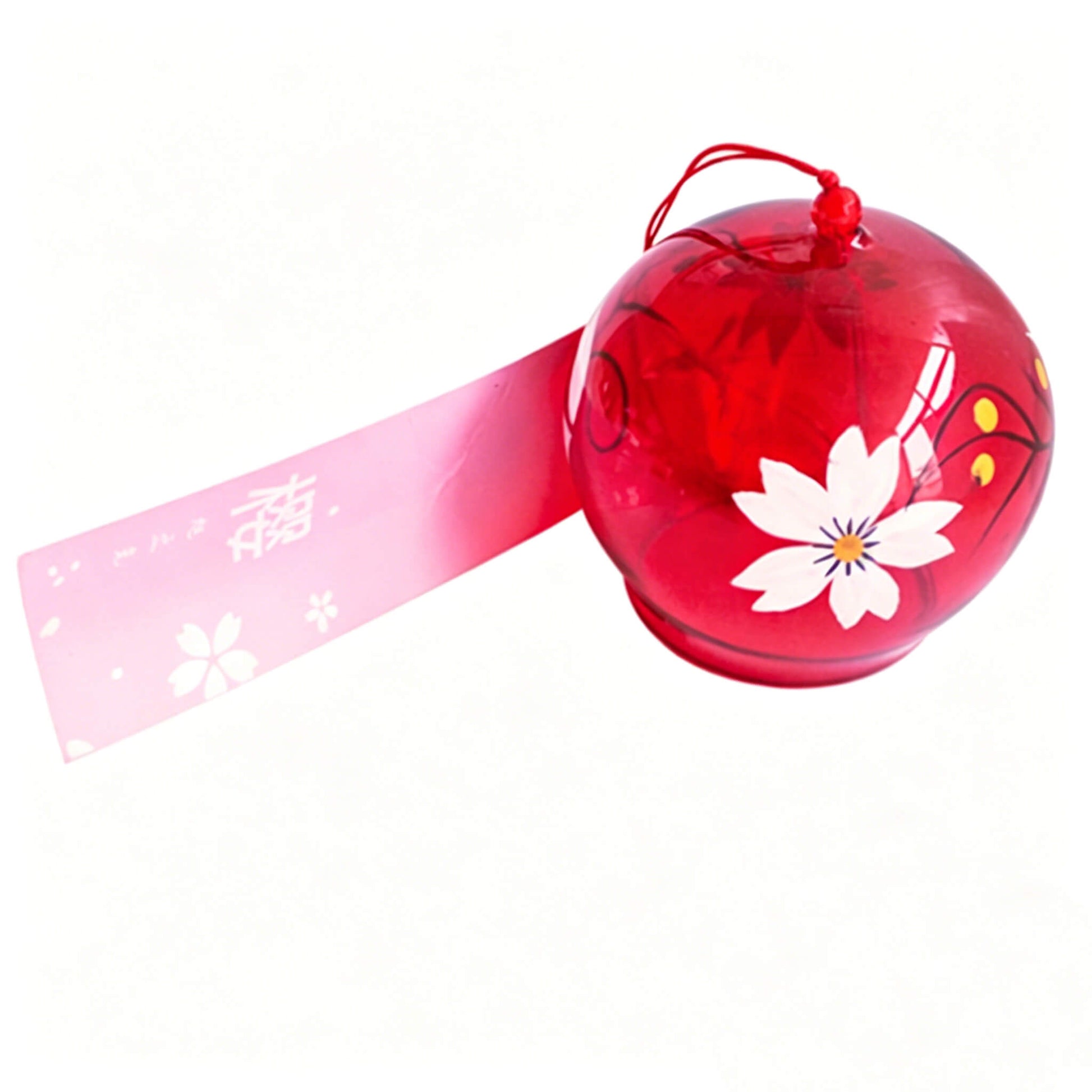 Left view of Acever ruby red sakura glass wind chime X38 on white background showing deep crimson tinted globe with white sakura bloom and pink paper strip with white sakura scatter and sakura kanji